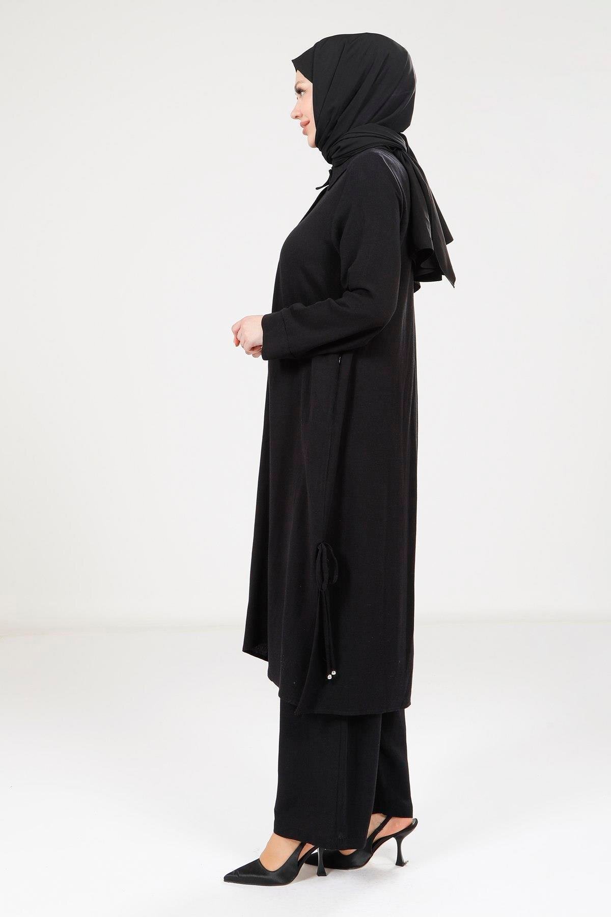 طقم محتشم كتان ثنائي أسود - Beyza