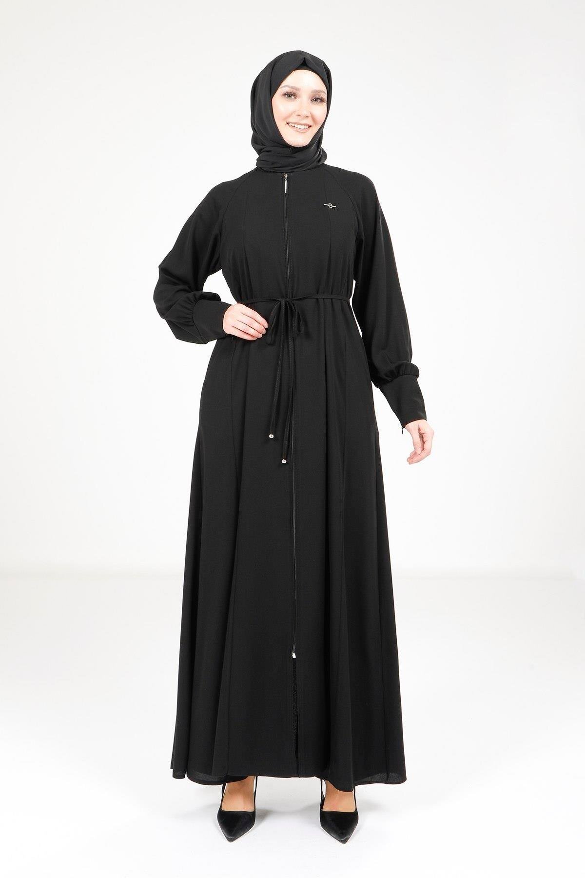 Flared Zipped Abaya - Black - Beyza