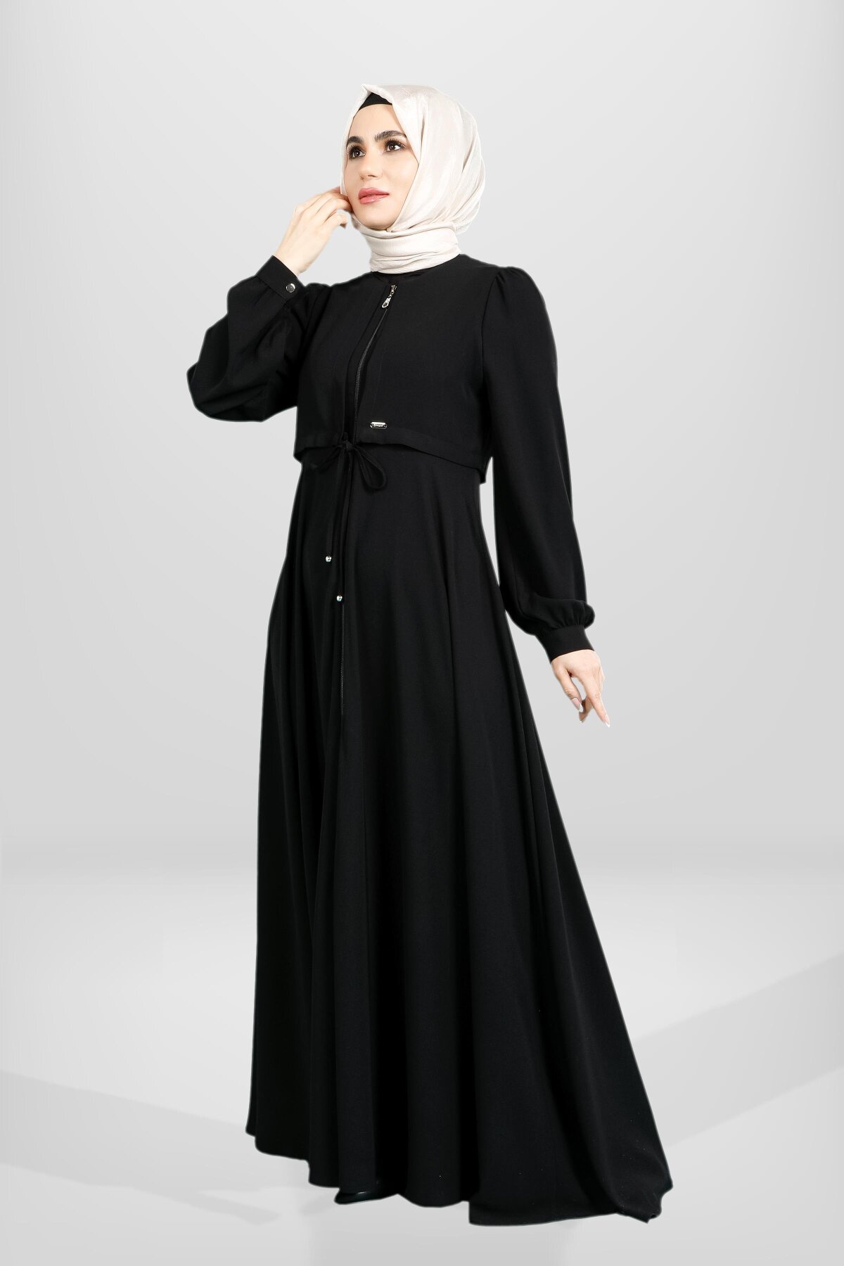 Flared Cut Zippered Bolero Detail Abaya - Black - Beyza