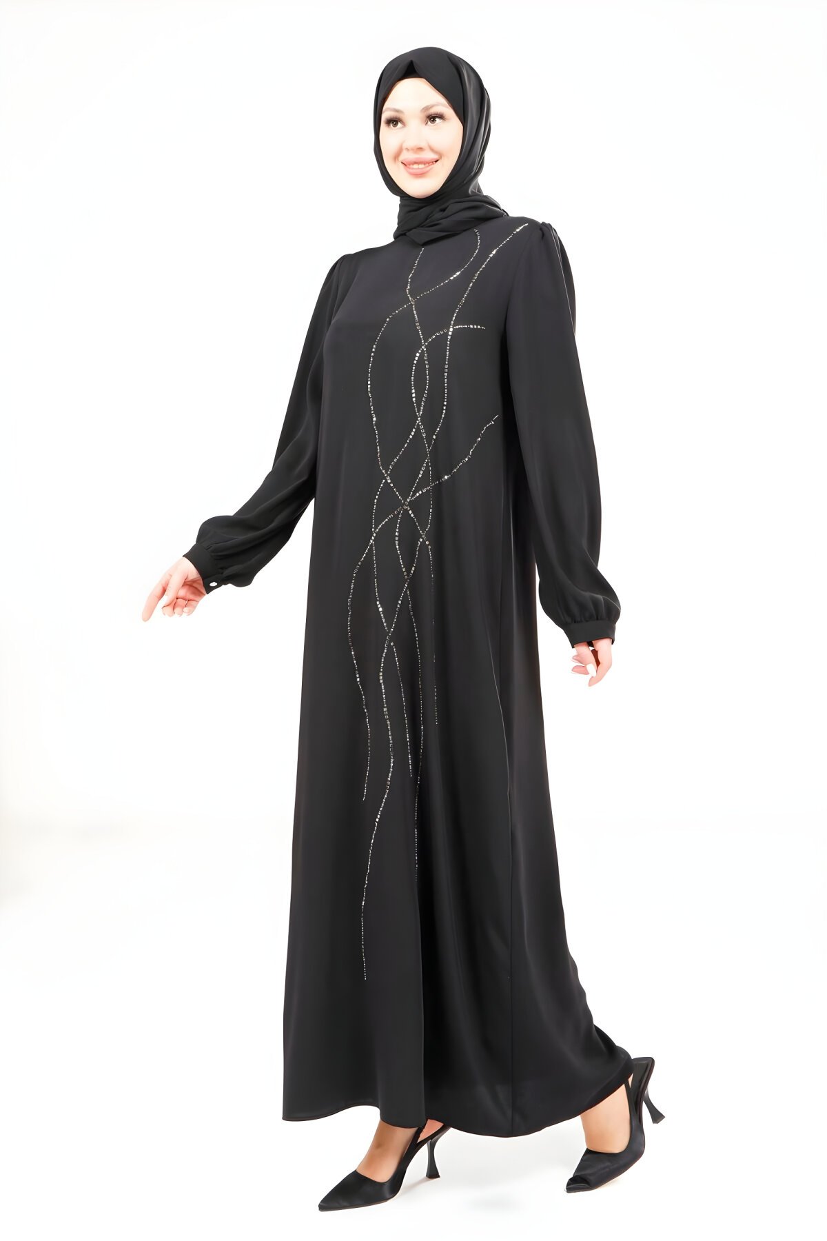 فستان محتشم أسود بكسرات الكتف - Beyza