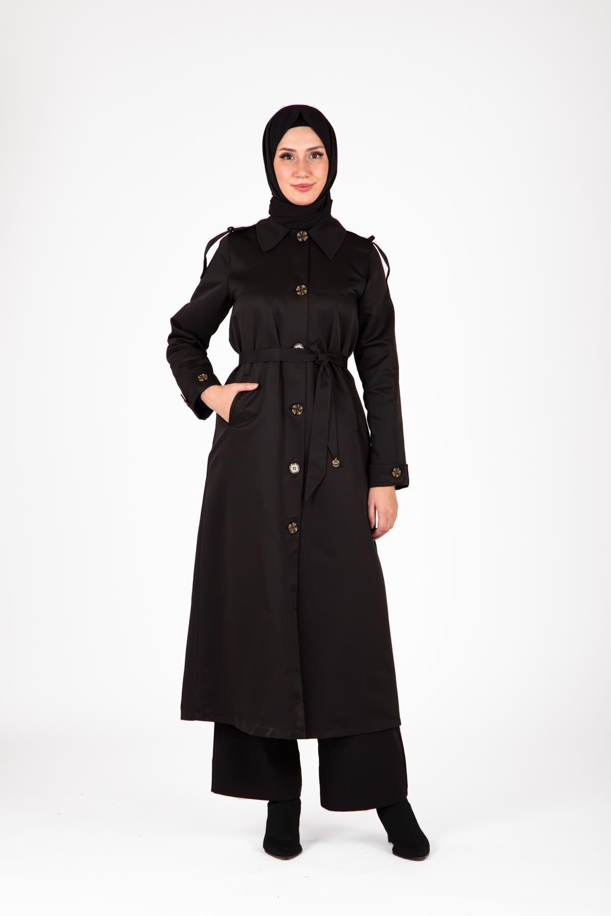 Front-Buttoned Epaulette Detail Trench Coat - Black - Beyza