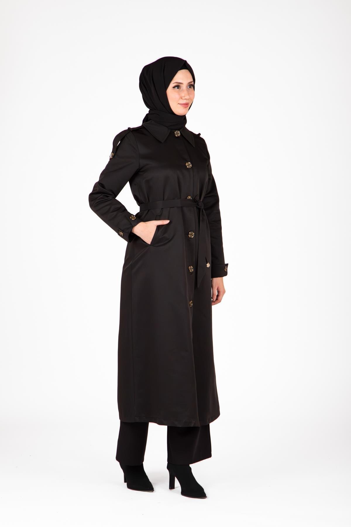 Front-Buttoned Epaulette Detail Trench Coat - Black - Beyza