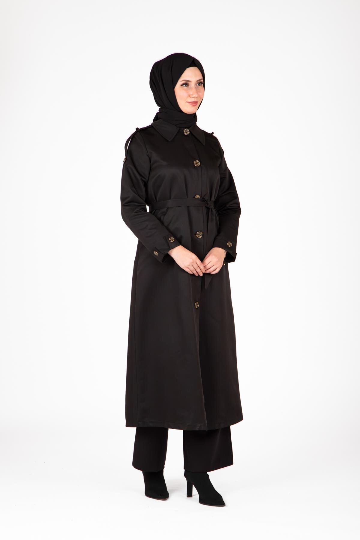 Front-Buttoned Epaulette Detail Trench Coat - Black - Beyza