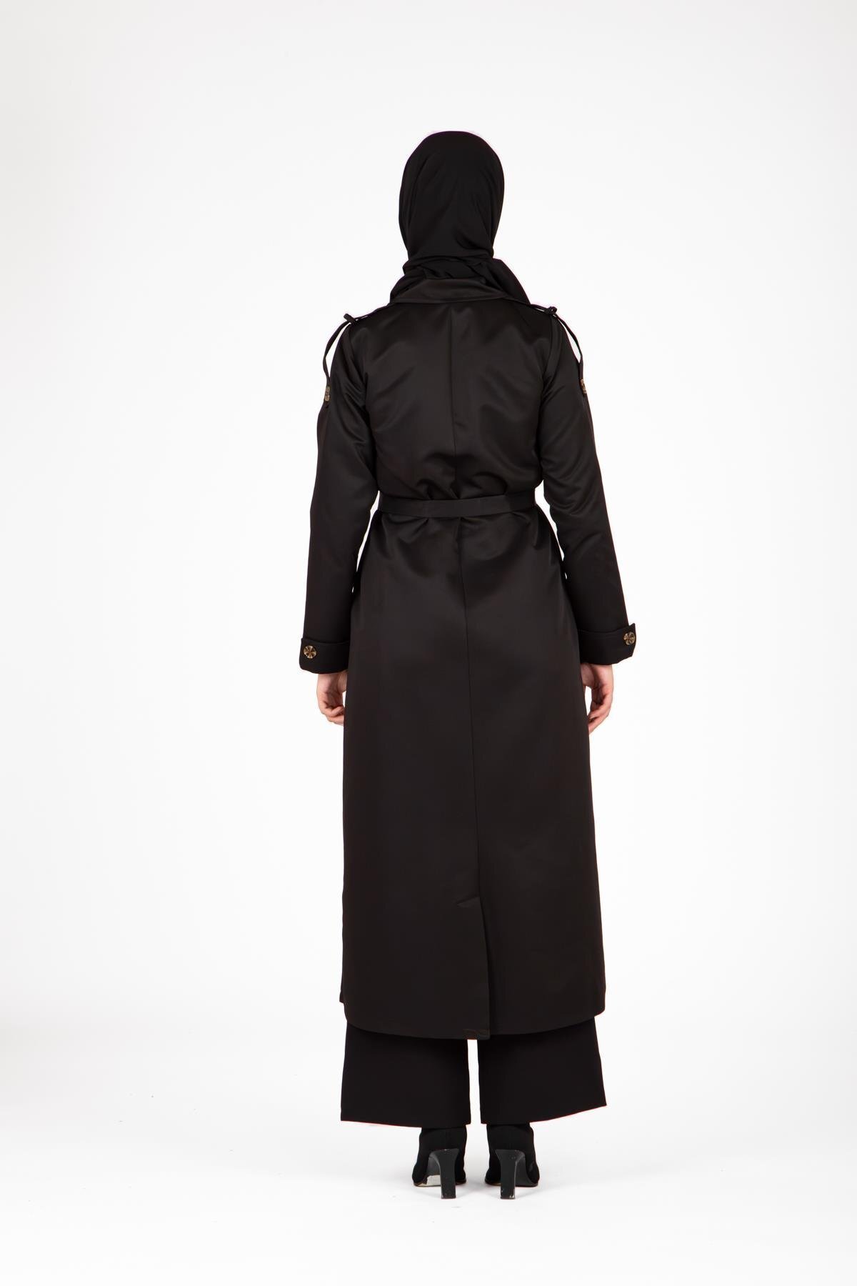 Front-Buttoned Epaulette Detail Trench Coat - Black - Beyza