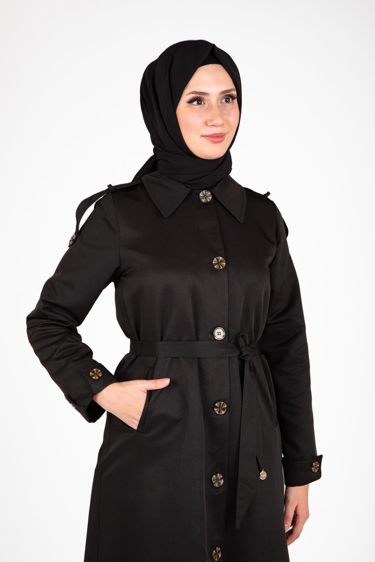 Front-Buttoned Epaulette Detail Trench Coat - Black - Beyza
