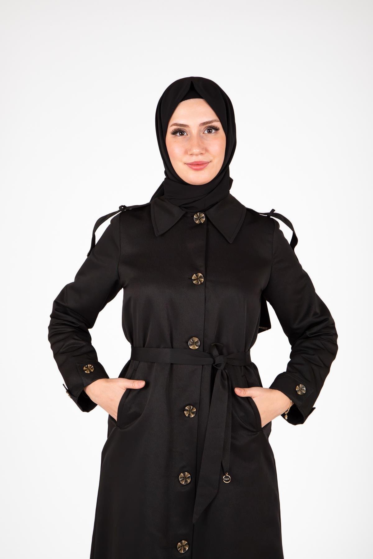 Front-Buttoned Epaulette Detail Trench Coat - Black - Beyza