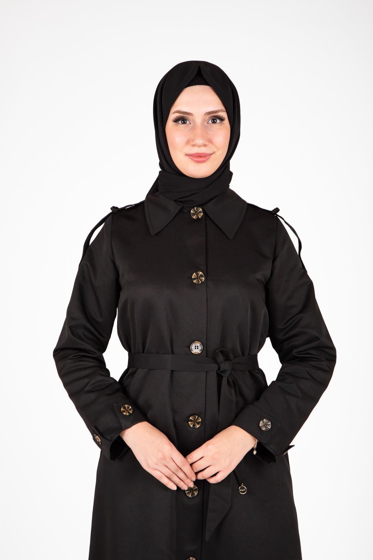 Front-Buttoned Epaulette Detail Trench Coat - Black - Beyza
