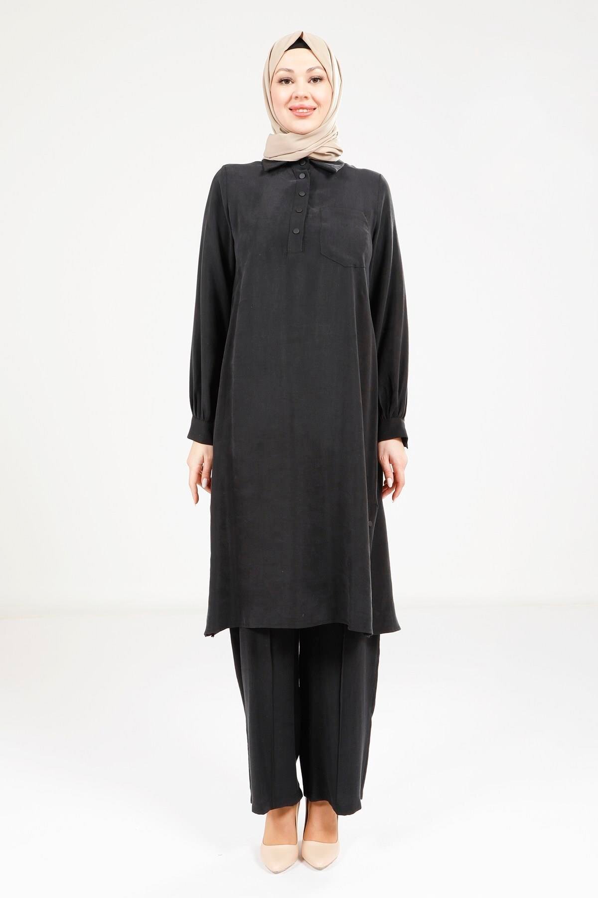 Siyah Rahat Kesim Tunik Pantolon Tesettür İkili Takım - Beyza