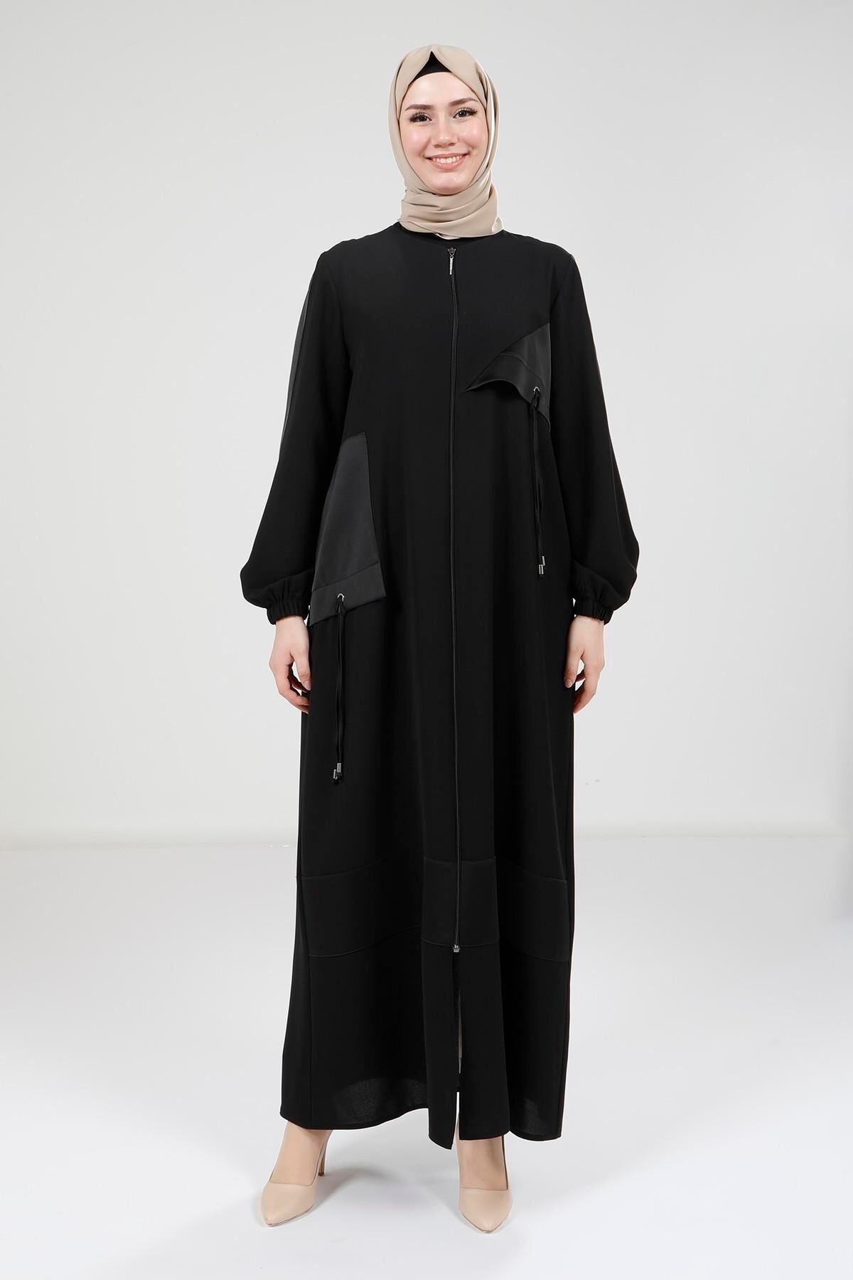 Siyah Saten Garnili Ferace - Beyza