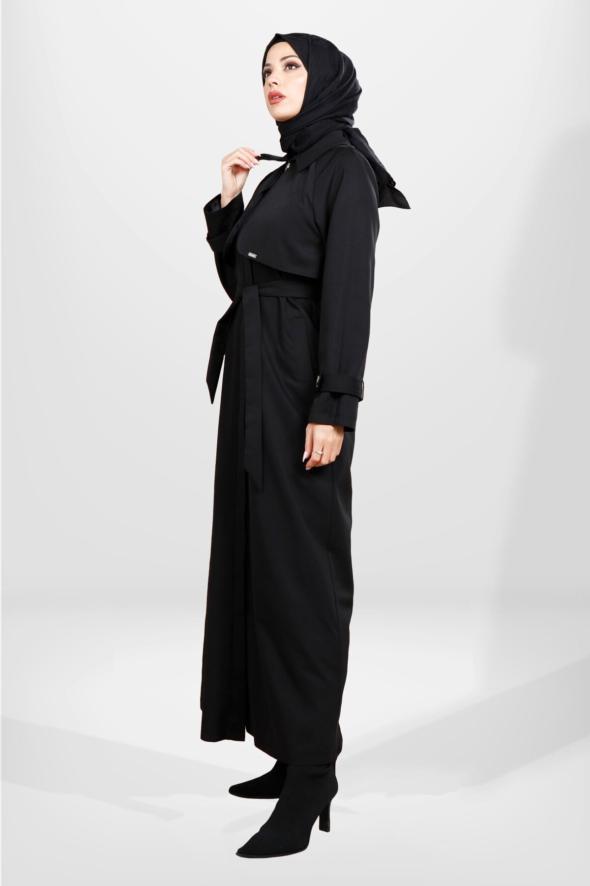 Full-Length Belted Storm-Flap Detail Trench Coat - Black - Beyza