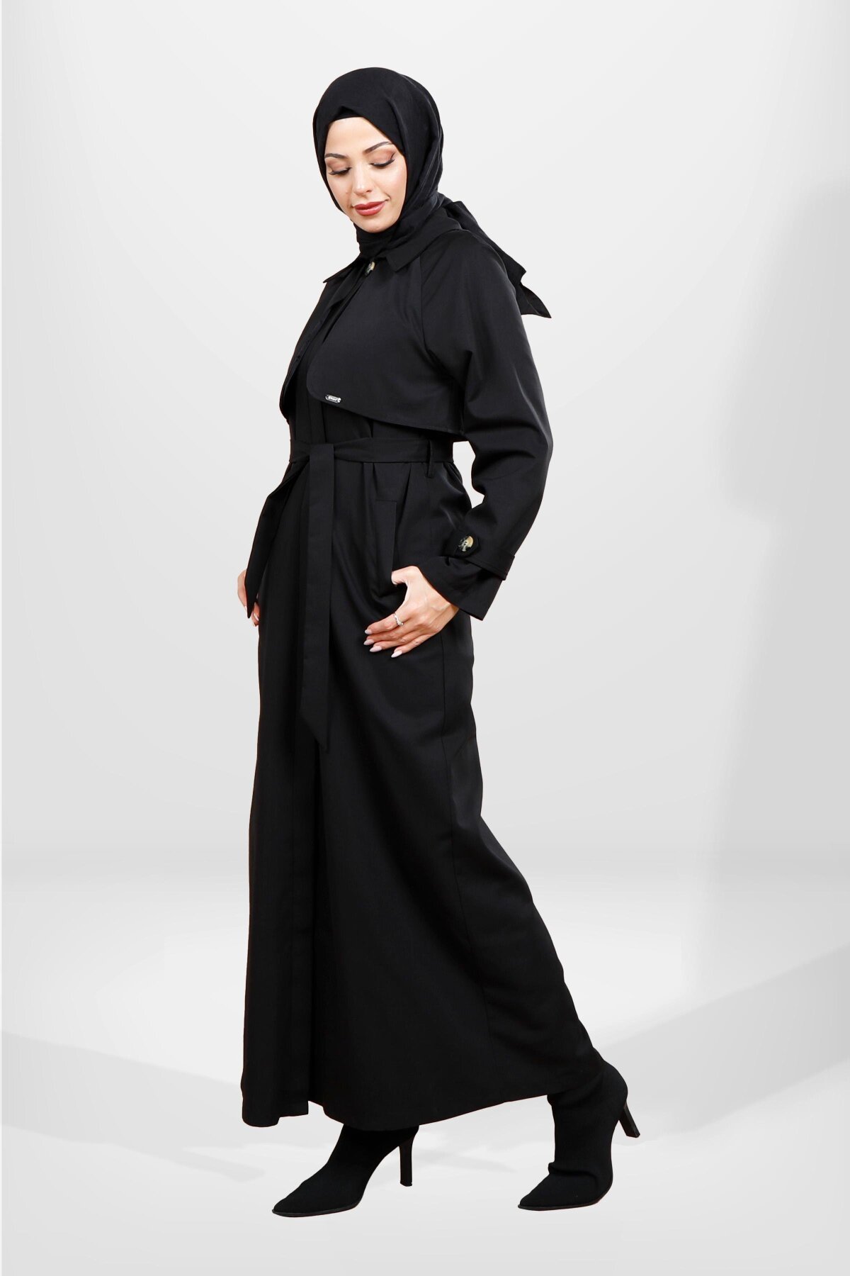 Full-Length Belted Storm-Flap Detail Trench Coat - Black - Beyza