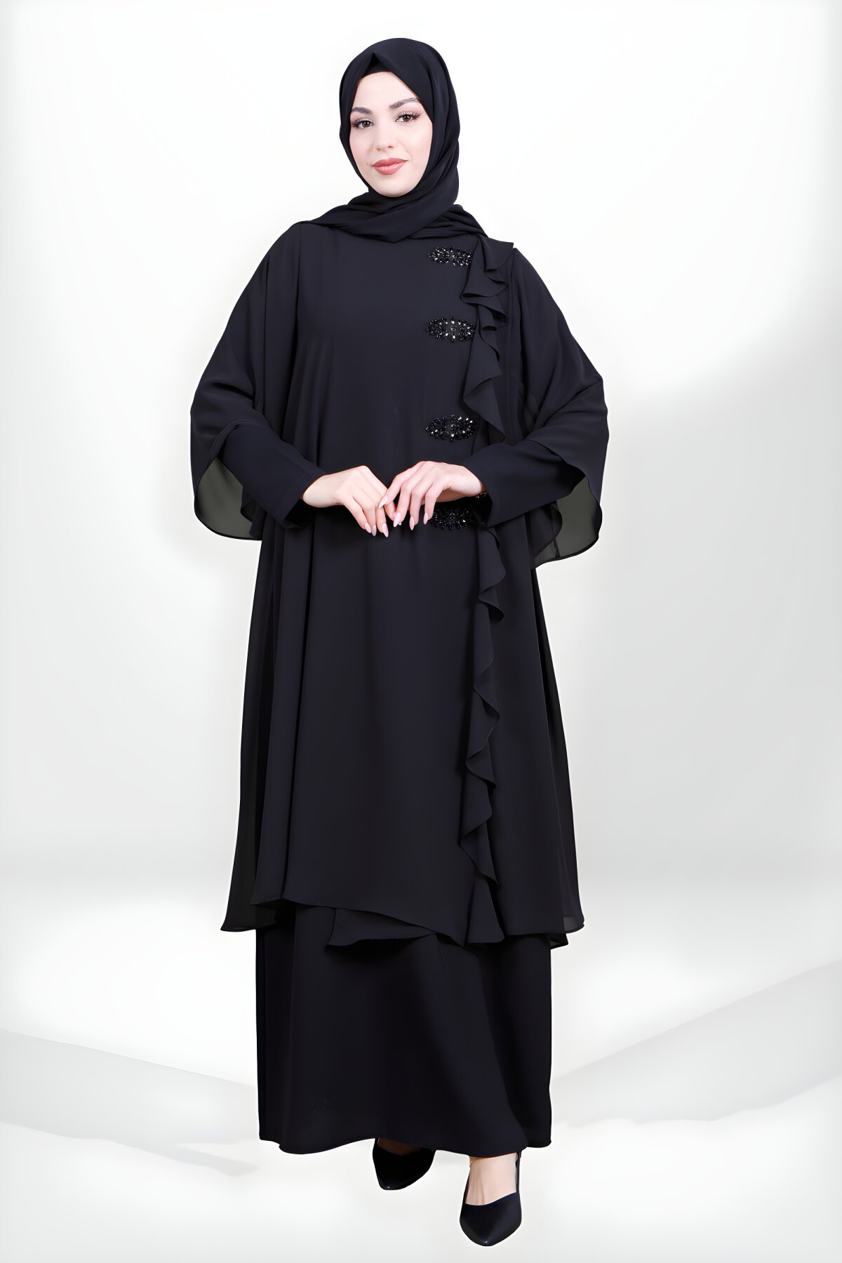 Modest Ruffled, Stone-Embellished Chiffon Dress - Black - Beyza