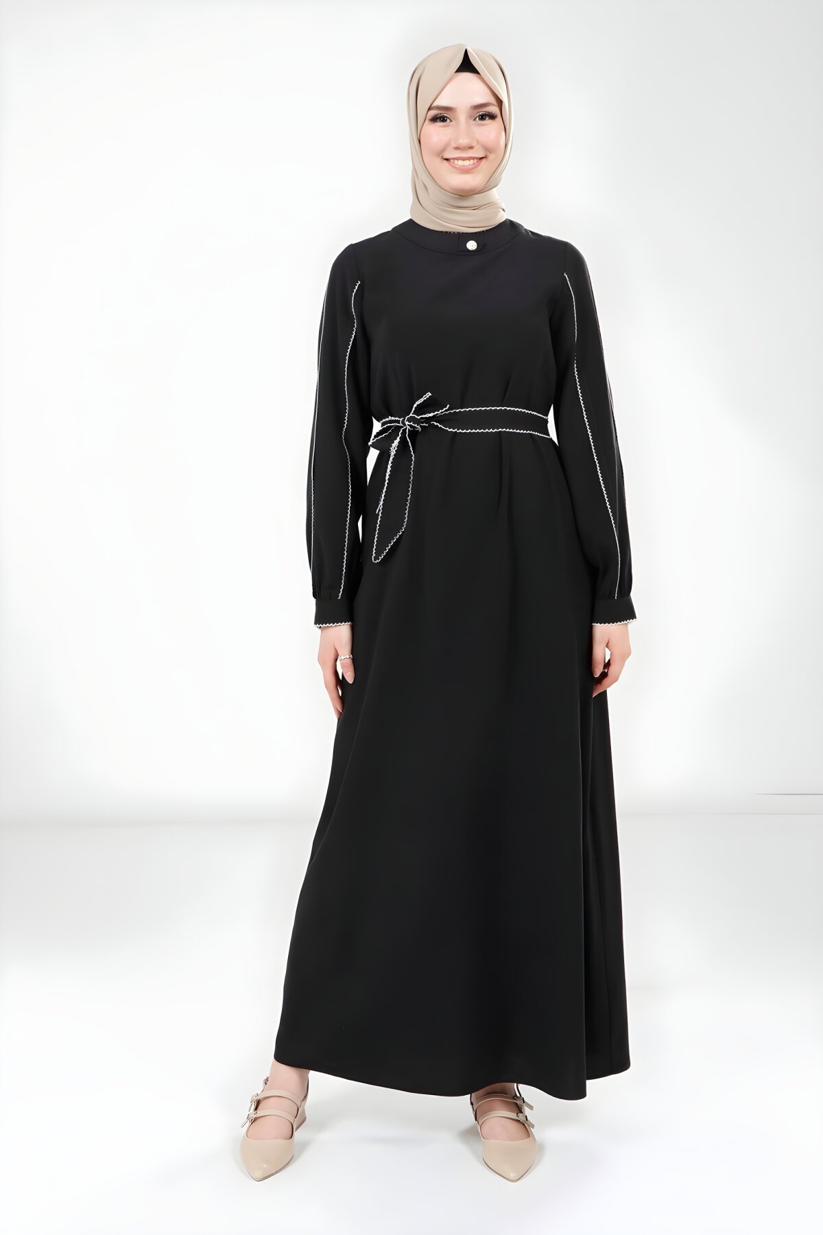 Modest Piping-Detail Dress - Black - Beyza