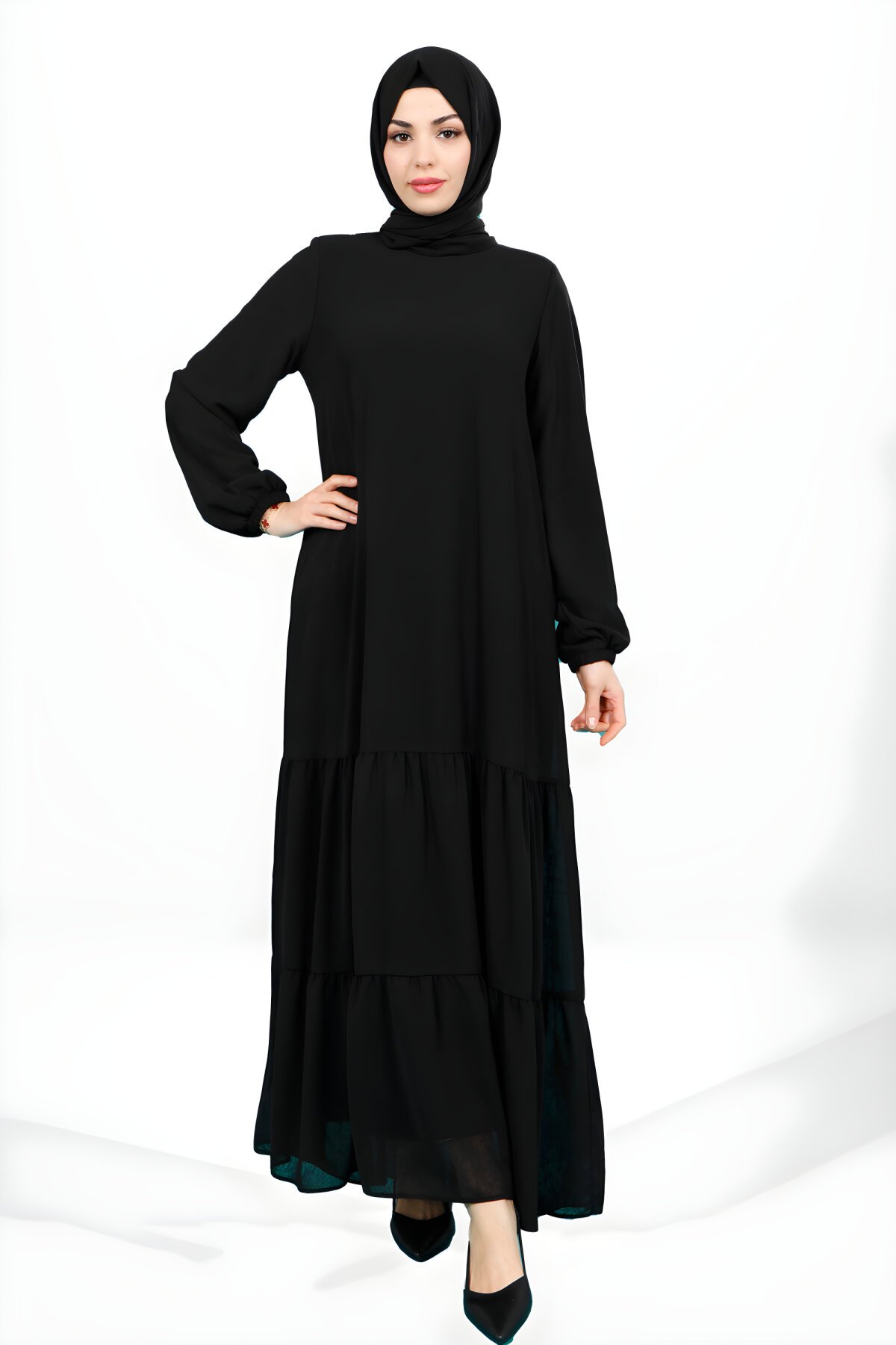 Modest Ruffled Elastic Cuff Dress - Black - Beyza