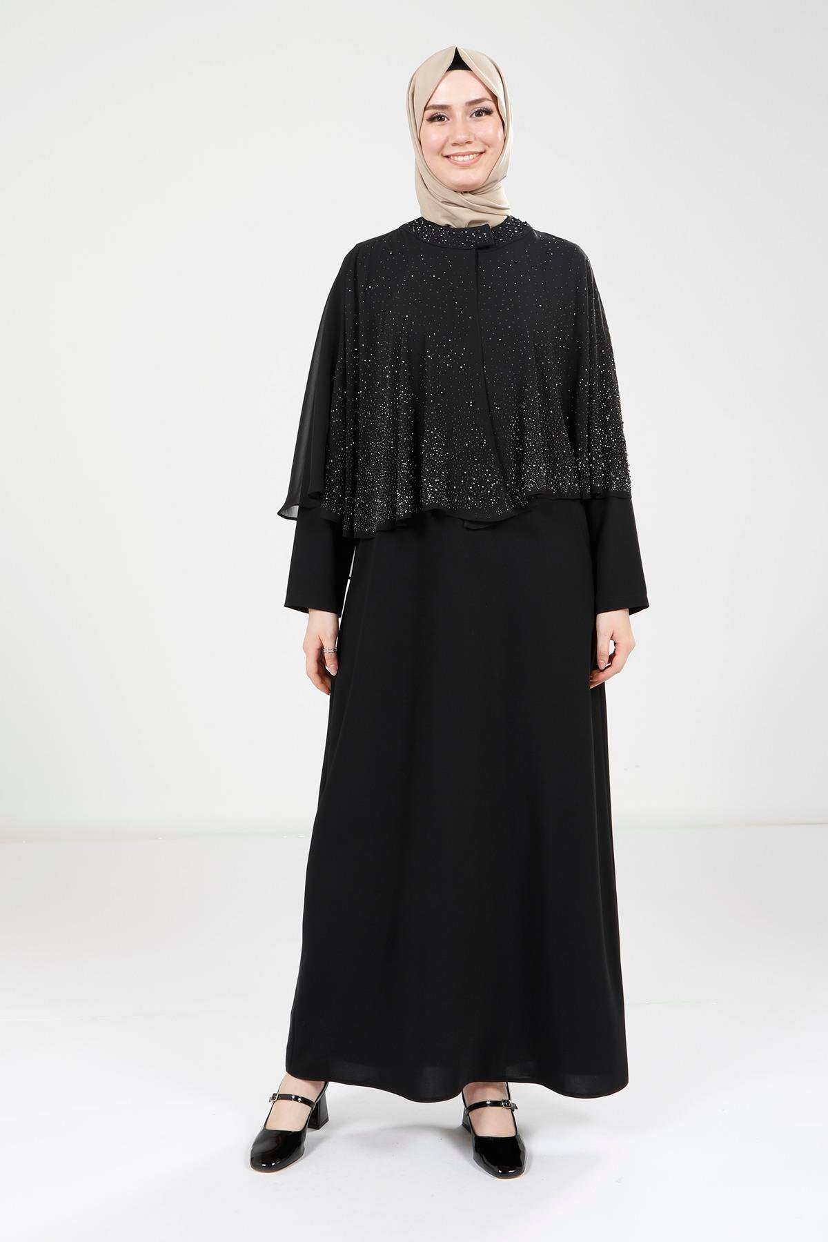 فستان سهرة محتشم أسود بتفاصيل كاب - Beyza