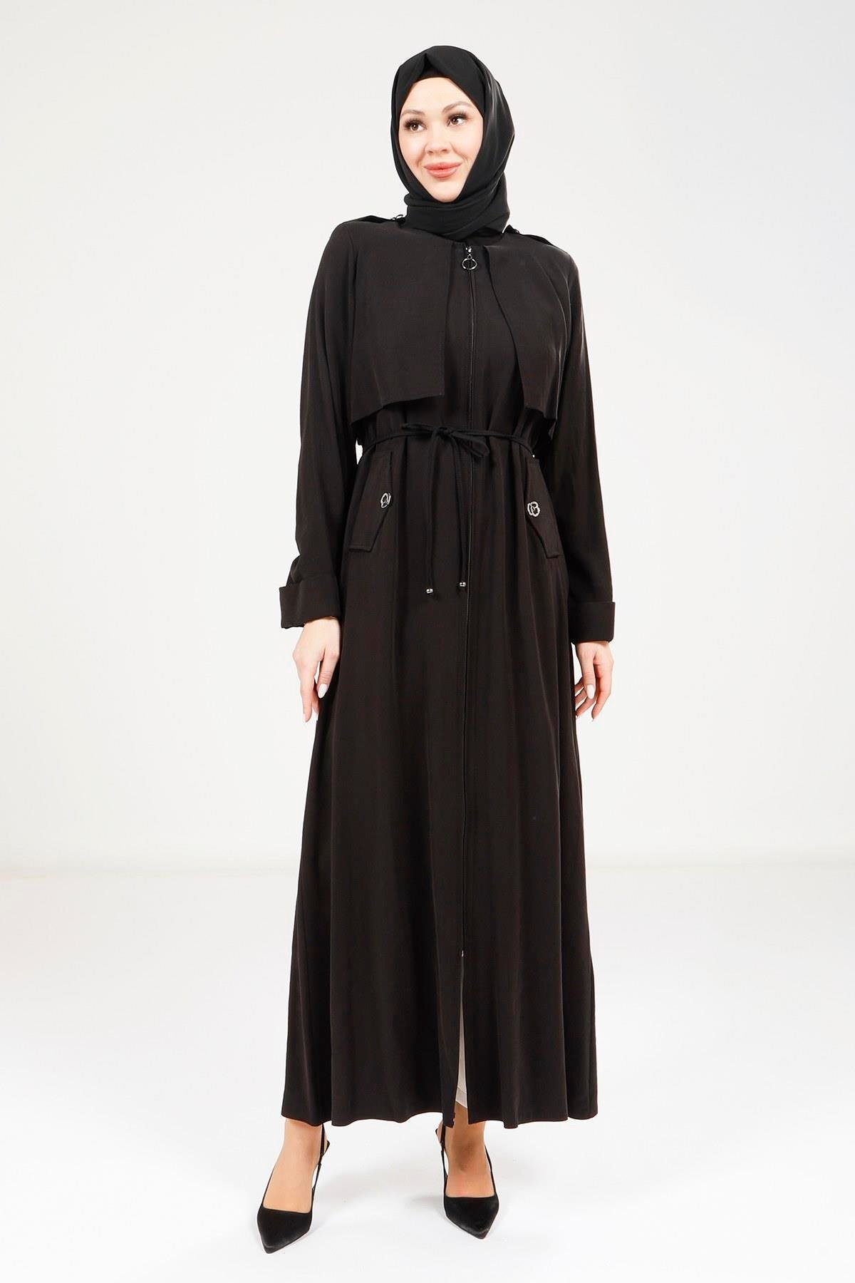 Siyah Trençkot Ferace - Beyza