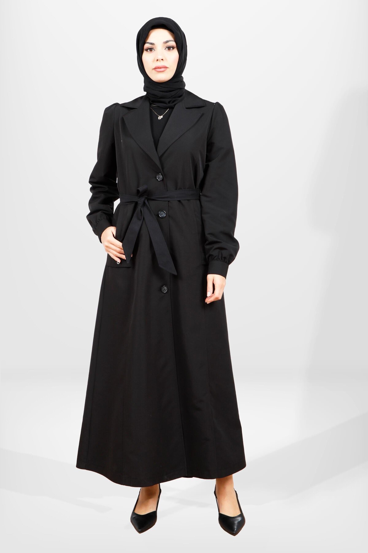 Siyah Uzun Kemerli Trençkot - Beyza
