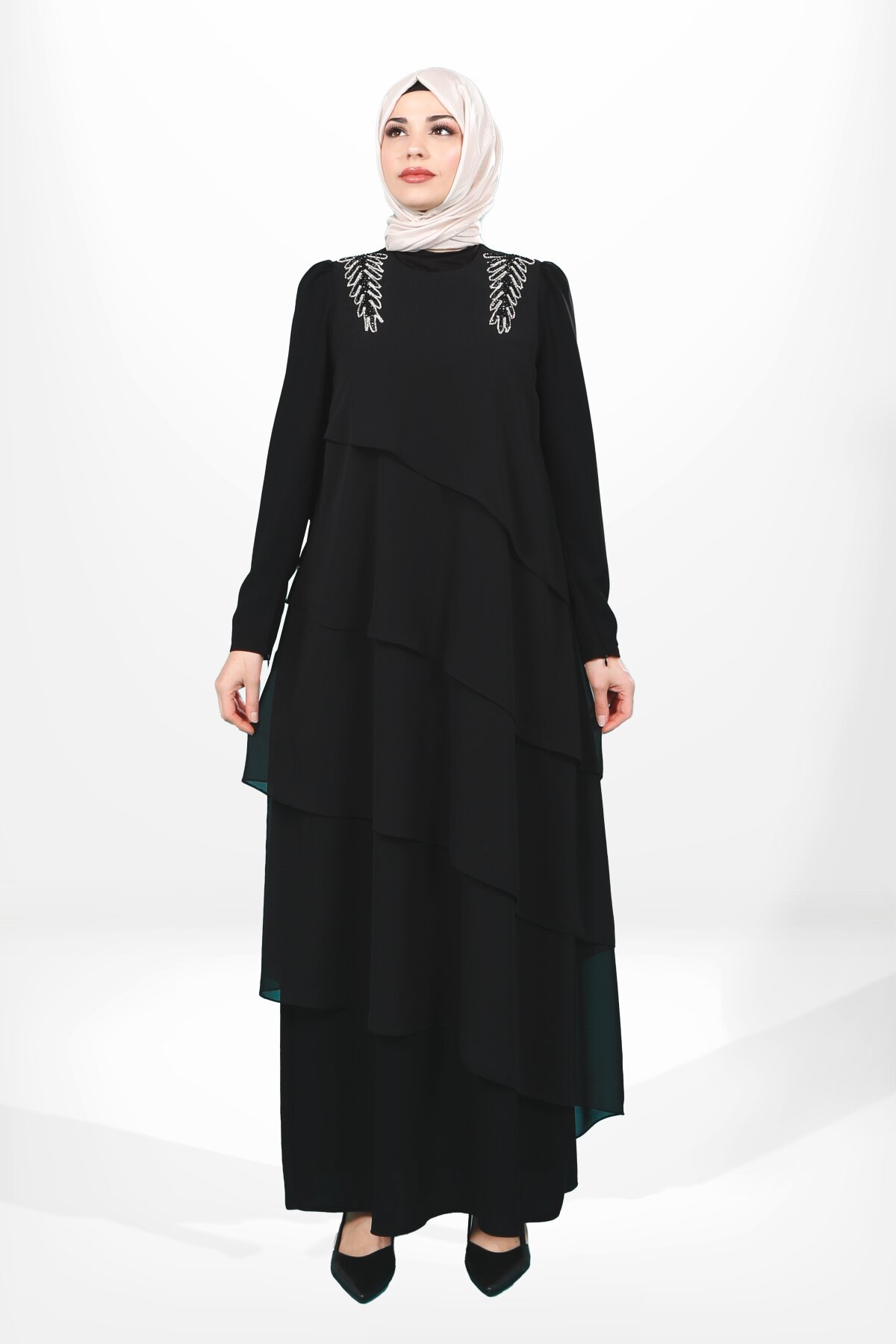 Modest Ruffled Evening Dress with Shoulder Stone Detail - Black - Beyza