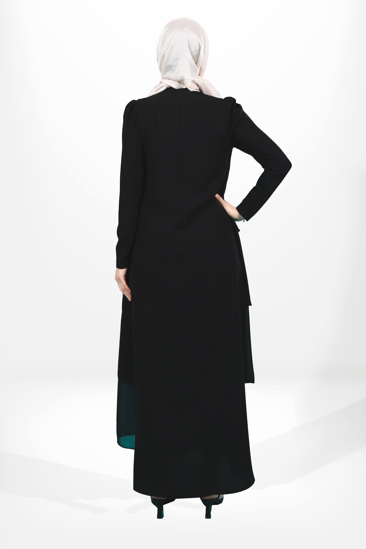 Modest Ruffled Evening Dress with Shoulder Stone Detail - Black - Beyza