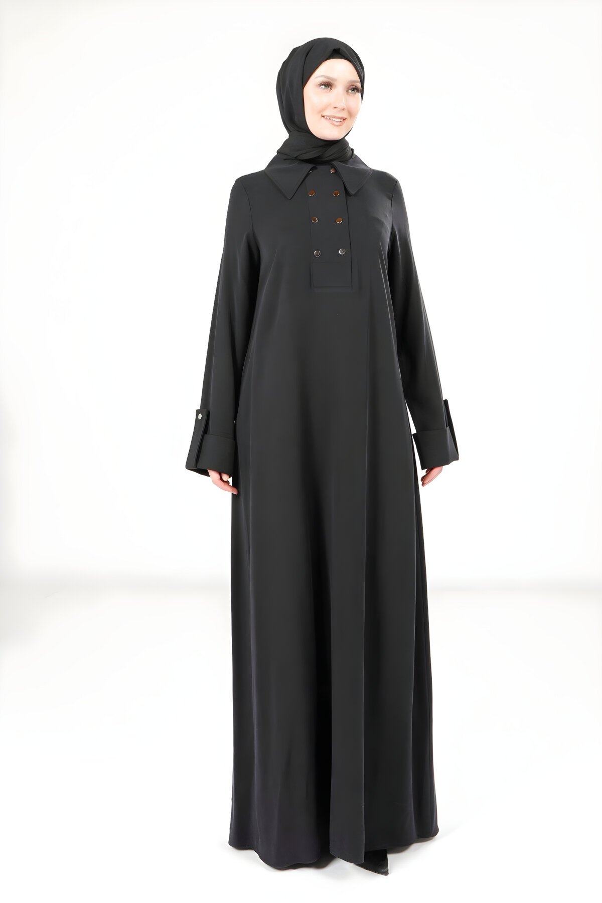 Modest Collared Button-Detail Dress - Black - Beyza