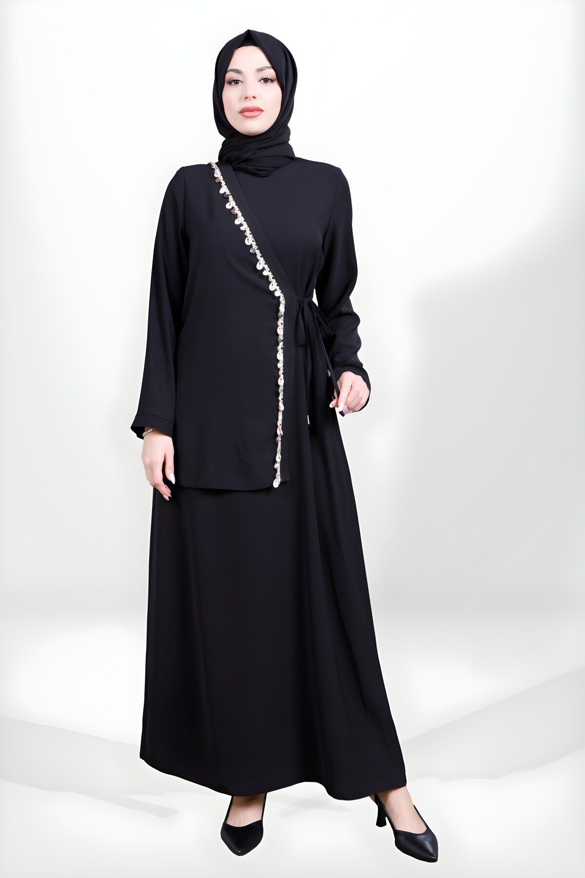 Modest Scallop Trim Side Tie Detail Dress - Black - Beyza