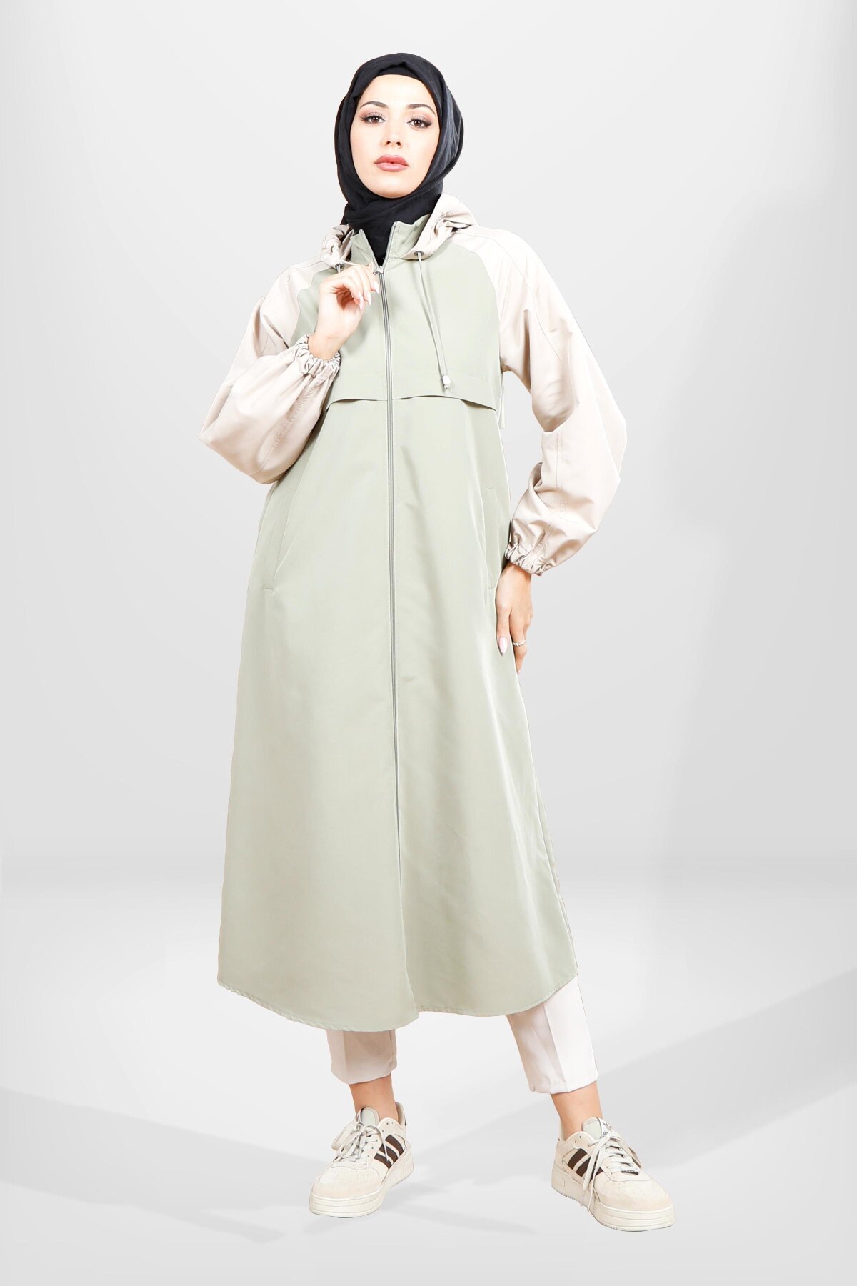 Hooded Trim-Detail Trench Coat - Seafoam Green - Beyza