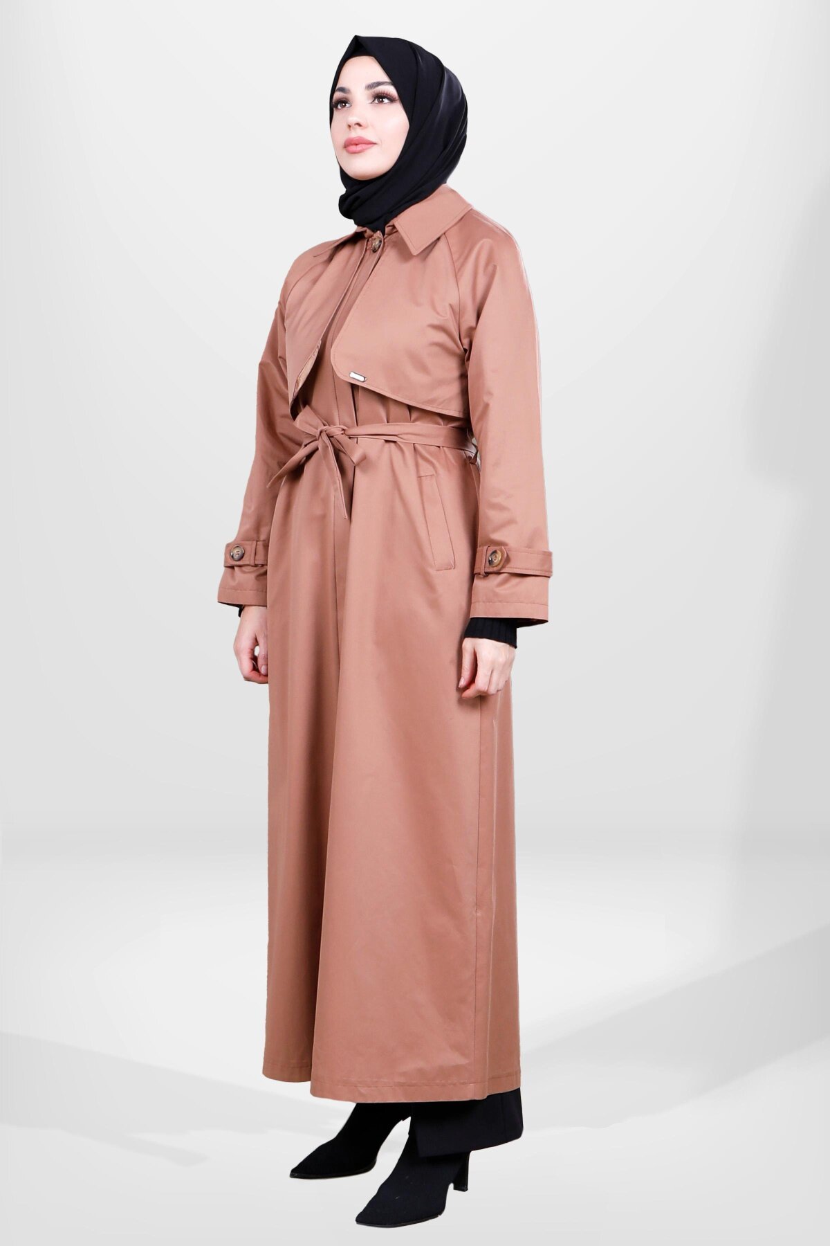 Full Length Belted Storm Flap Detail Trench Coat - Tan - Beyza