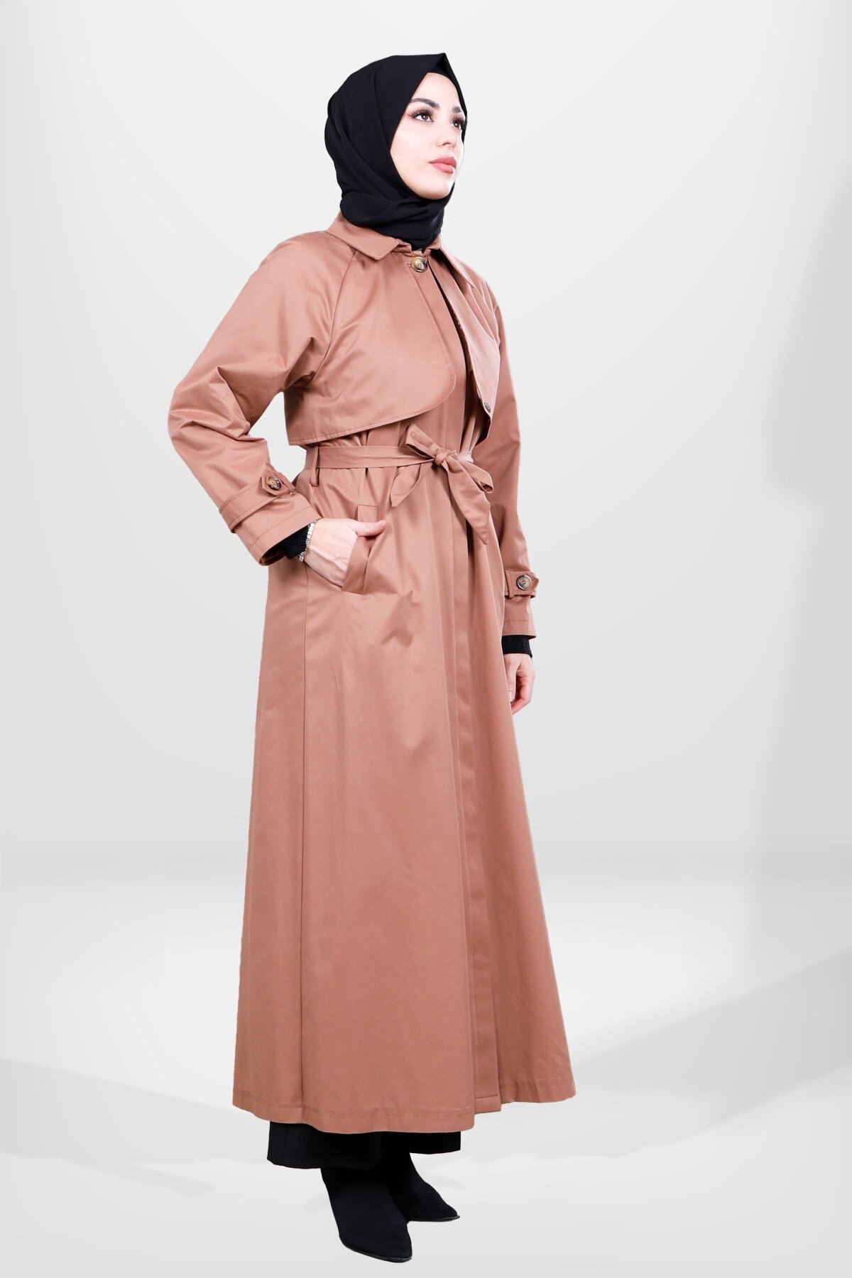 Full Length Belted Storm Flap Detail Trench Coat - Tan - Beyza