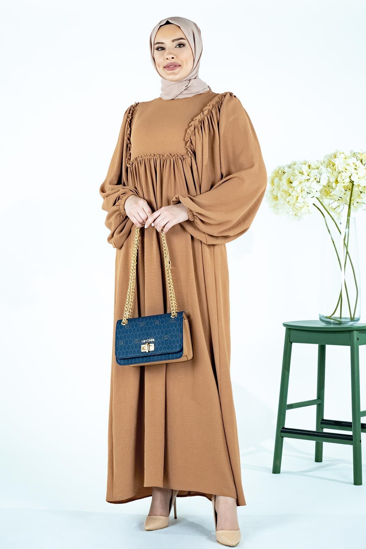 Flowy Gathered Square Yoke Modest Dress - Cinnamon Rose - Beyza