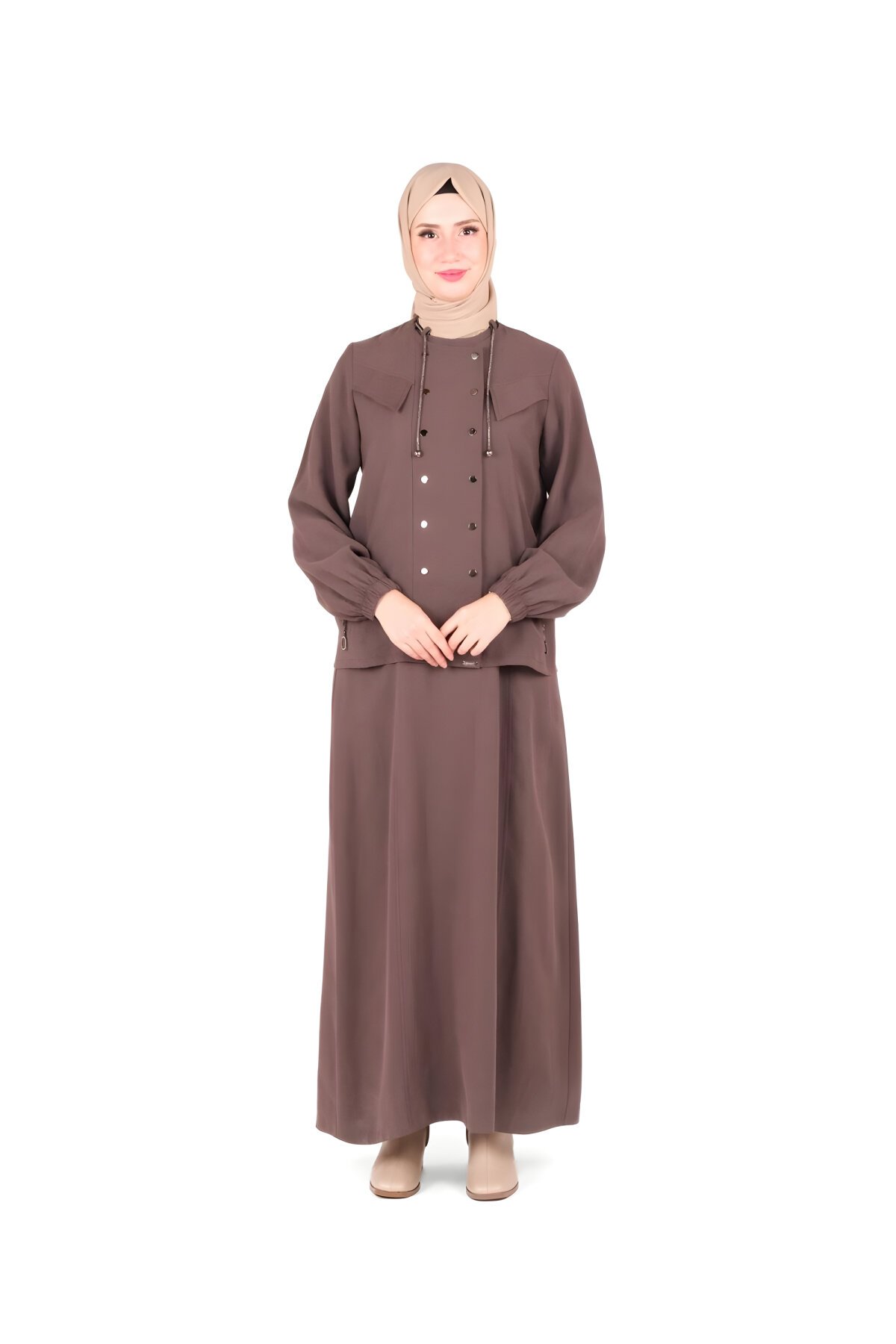 Modest Two-Piece Dress and Jacket Set with Tie Detail - Mink - Beyza