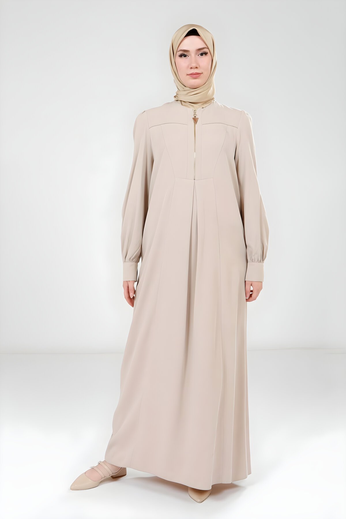Modest Zip-Up Dress with Mink Collar Detail - Beyza