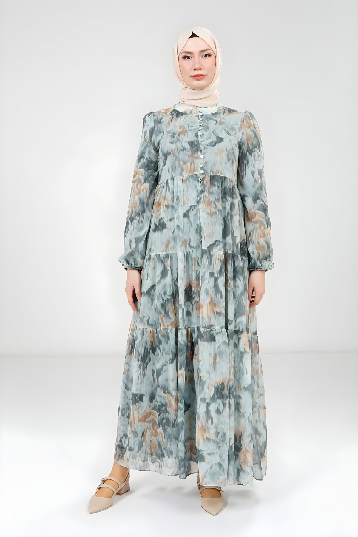 Modest Printed Buttoned Dress - Green - Beyza