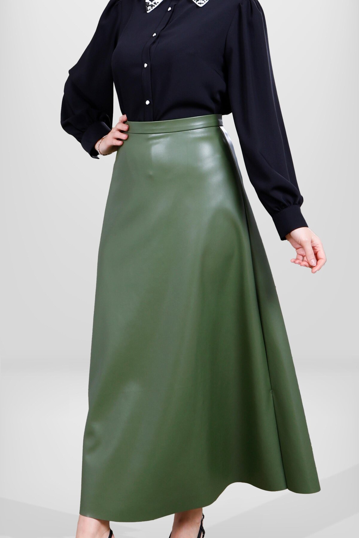 Modest Leather Skirt - Green - Beyza