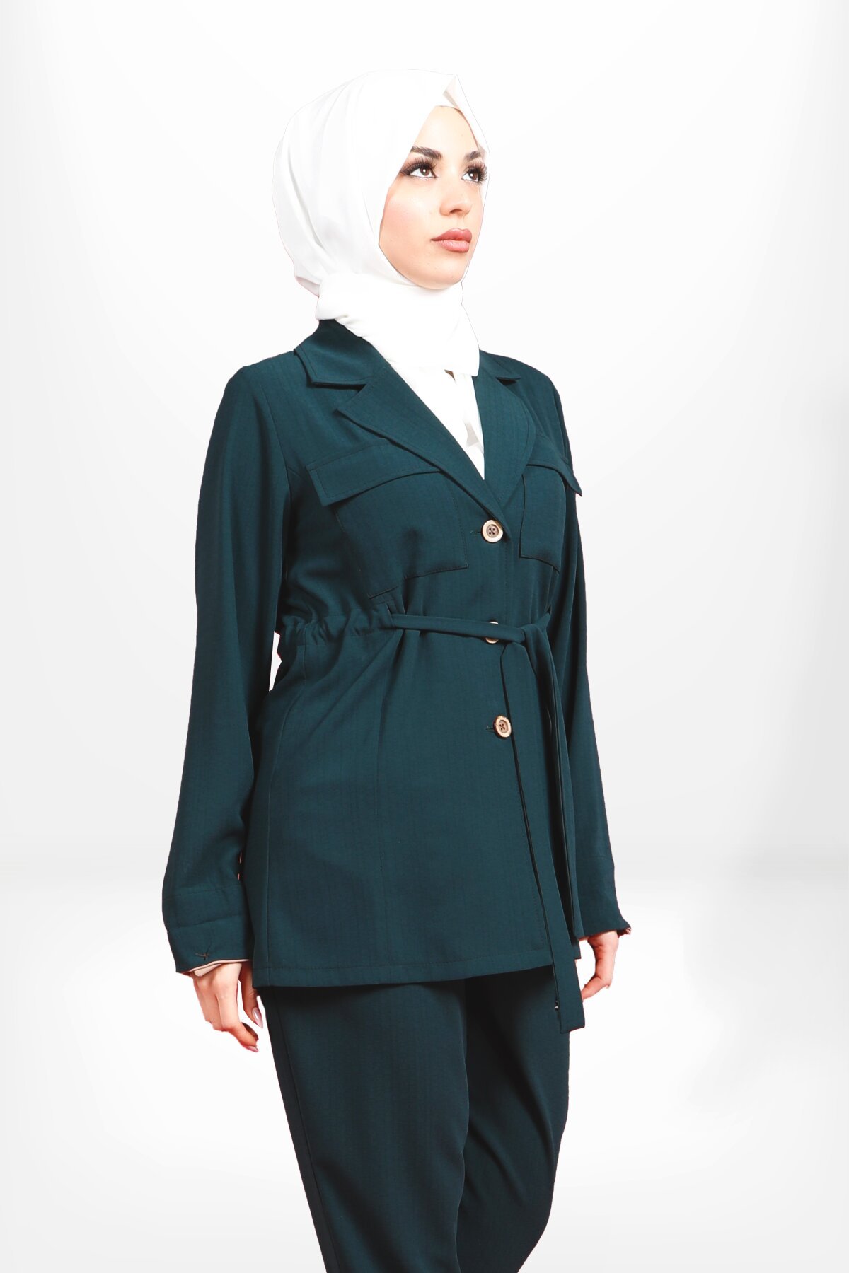 Zümrüt Yeşili Safari Beli Ayarlanabilir Tesettür Ceket - Beyza