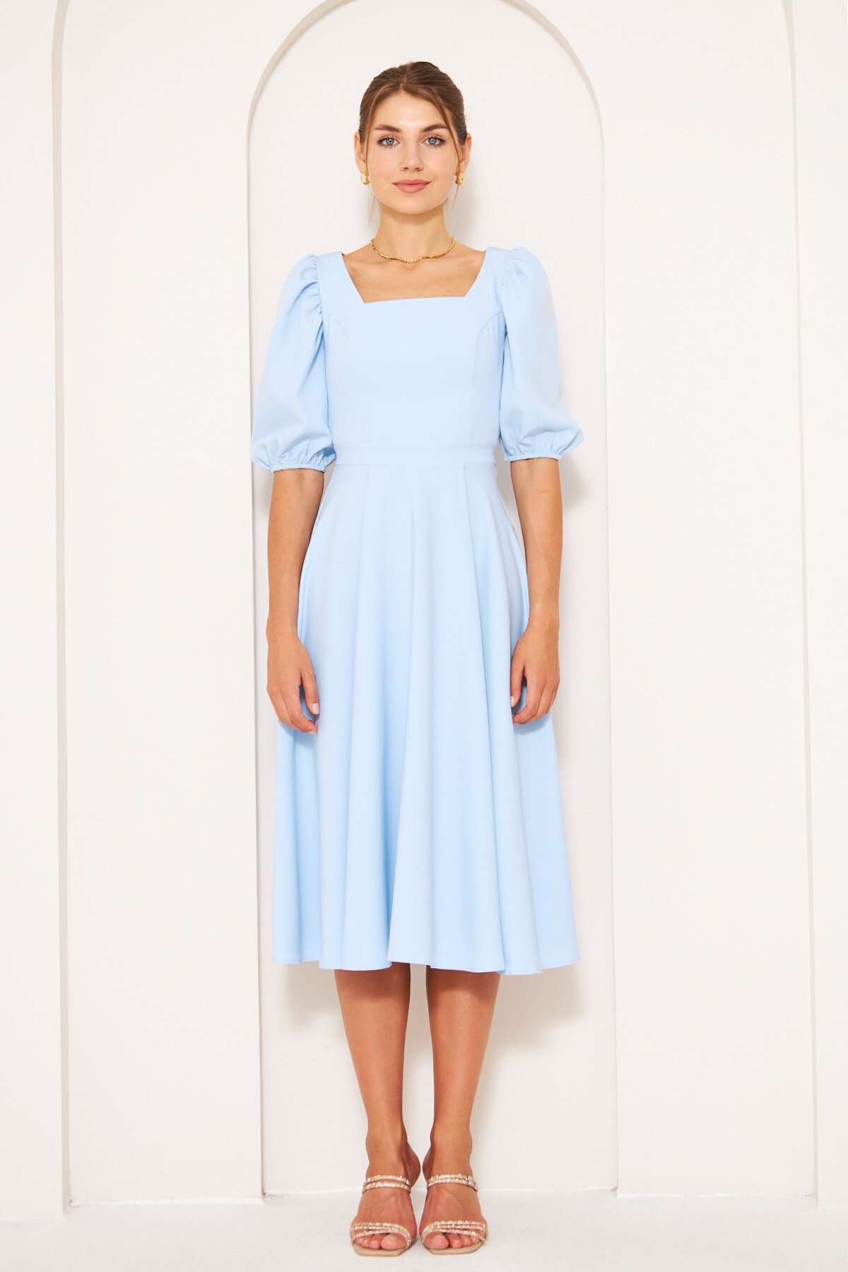 Short Midi Woven Square Neck Balloon Sleeve Dress - Baby Blue - Bidoluelbise