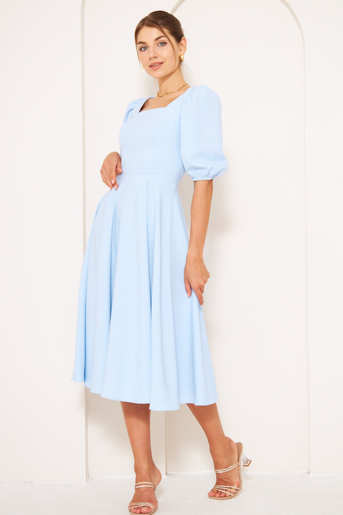 Short Midi Woven Square Neck Balloon Sleeve Dress - Baby Blue - Bidoluelbise
