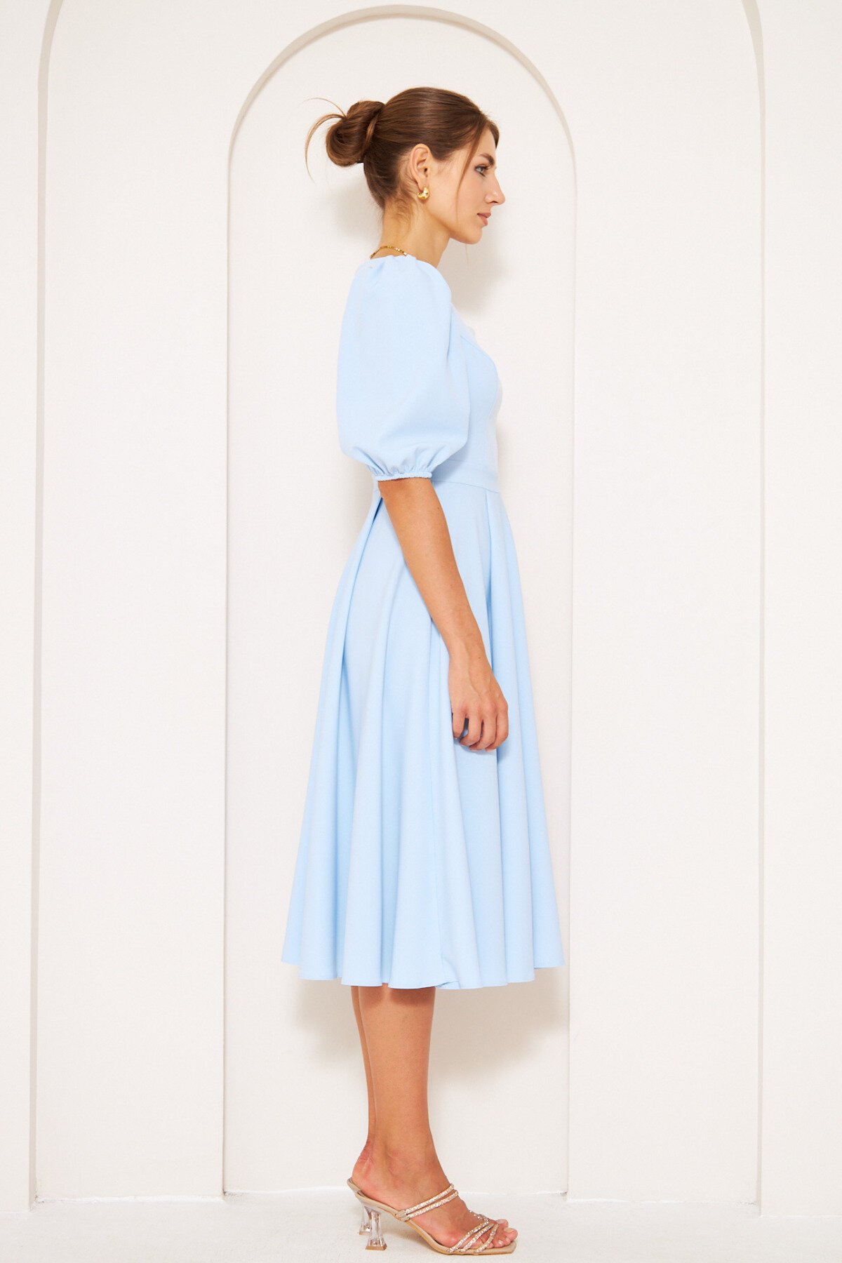 Short Midi Woven Square Neck Balloon Sleeve Dress - Baby Blue - Bidoluelbise