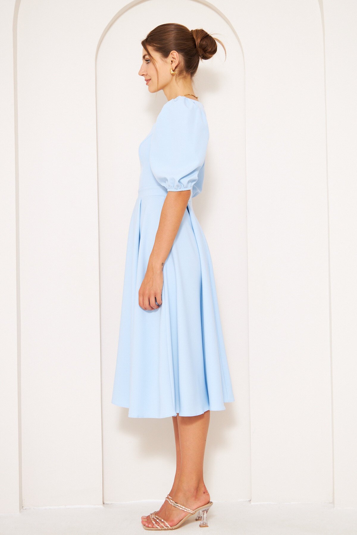 Short Midi Woven Square Neck Balloon Sleeve Dress - Baby Blue - Bidoluelbise