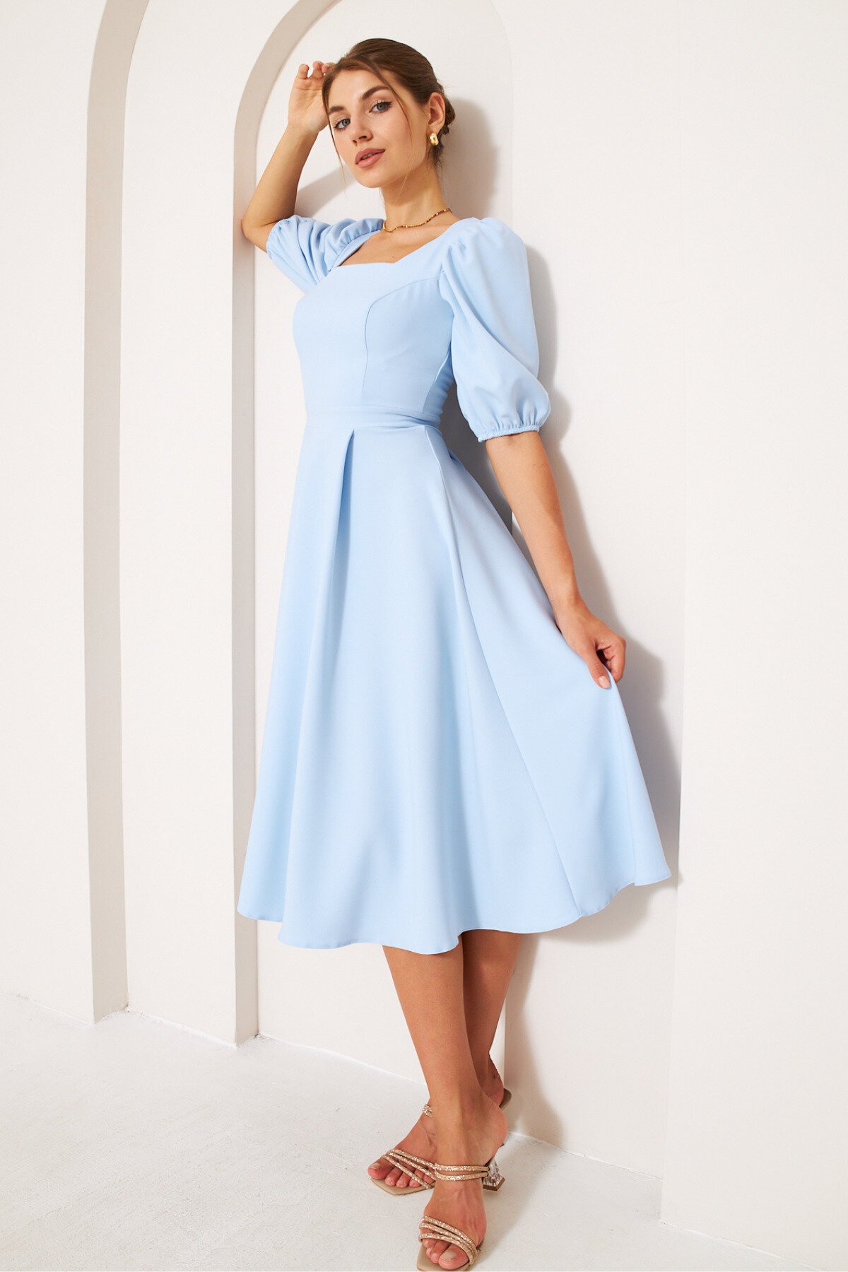 Short Midi Woven Square Neck Balloon Sleeve Dress - Baby Blue - Bidoluelbise