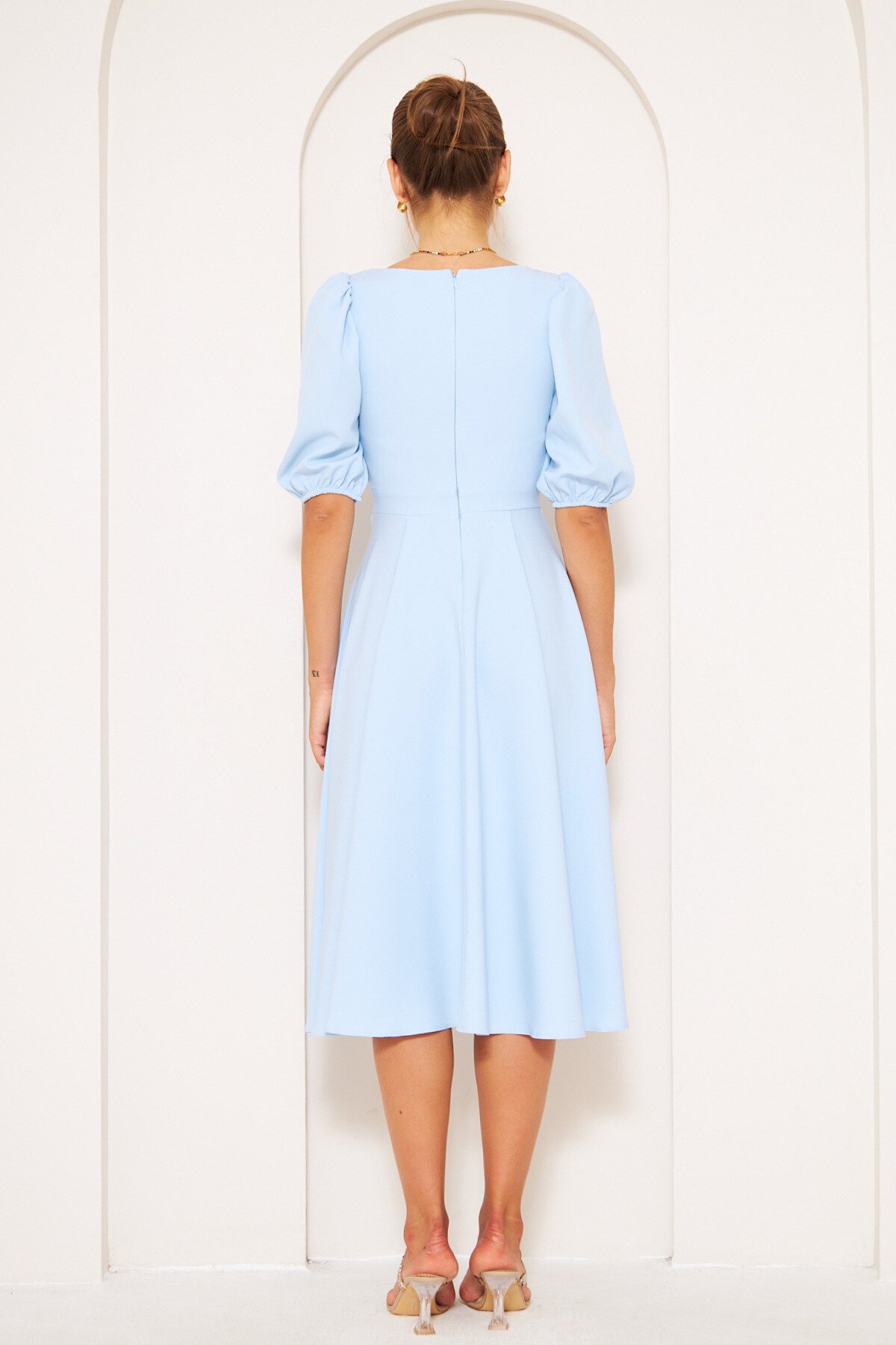 Short Midi Woven Square Neck Balloon Sleeve Dress - Baby Blue - Bidoluelbise