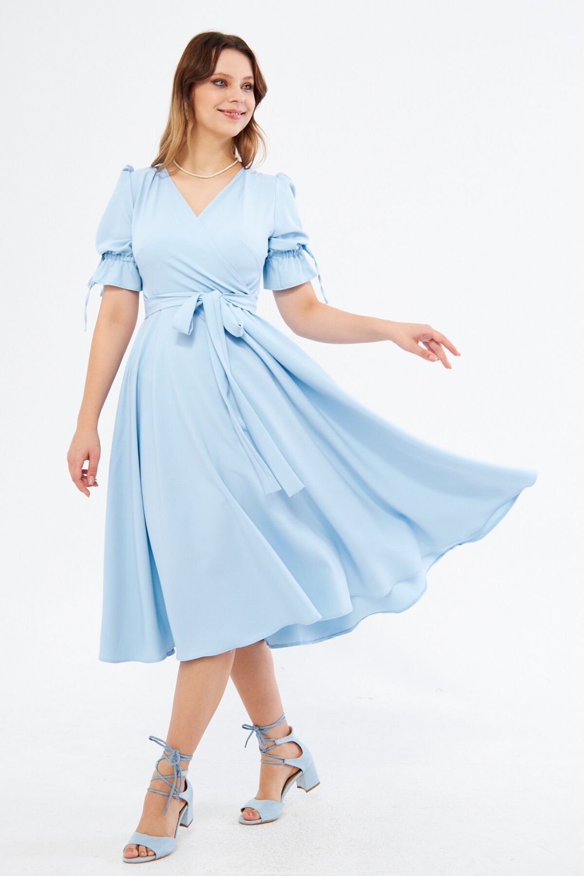 Bebe Mavi Midi Kısa Kol Kruvaze Yaka Kuşaklı Elbise - Bidoluelbise