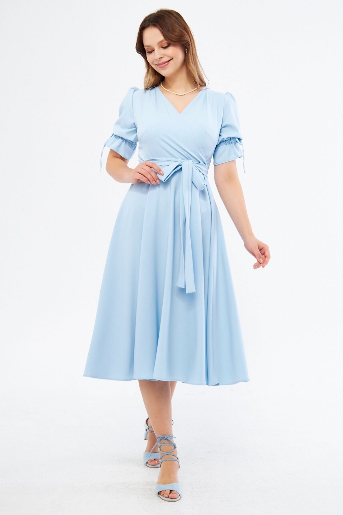 Midi Short-Sleeve Belted Wrap Dress - Baby Blue - Bidoluelbise