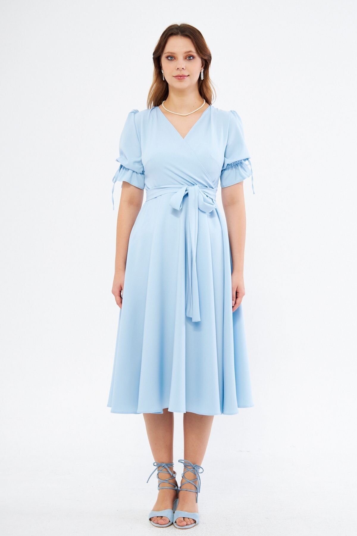 Midi Short-Sleeve Belted Wrap Dress - Baby Blue - Bidoluelbise