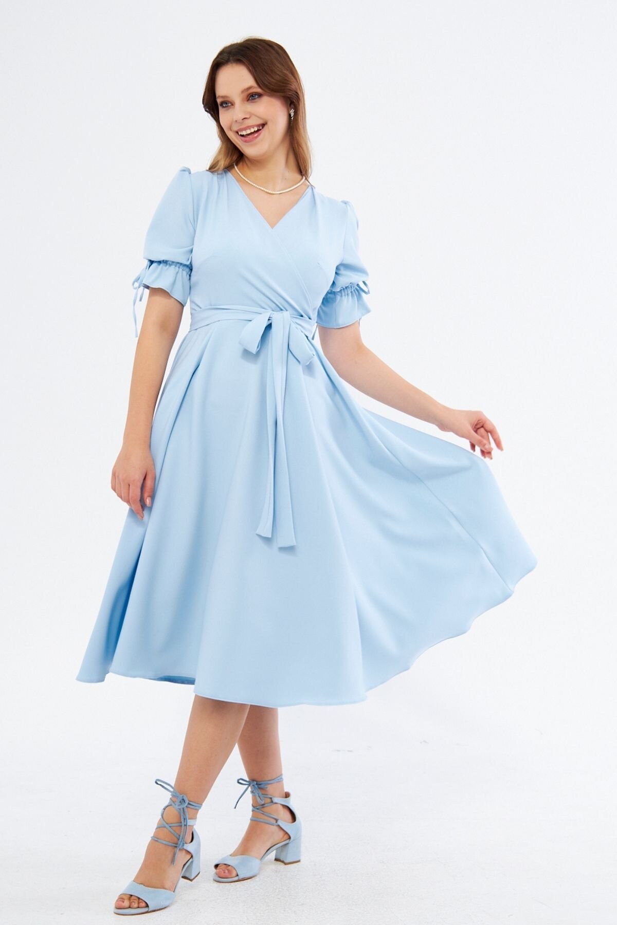 Midi Short-Sleeve Belted Wrap Dress - Baby Blue - Bidoluelbise