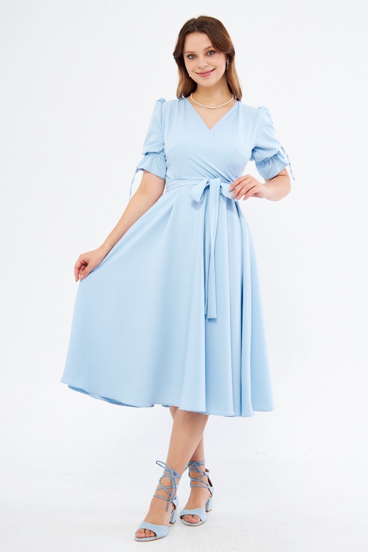 Midi Short-Sleeve Belted Wrap Dress - Baby Blue - Bidoluelbise