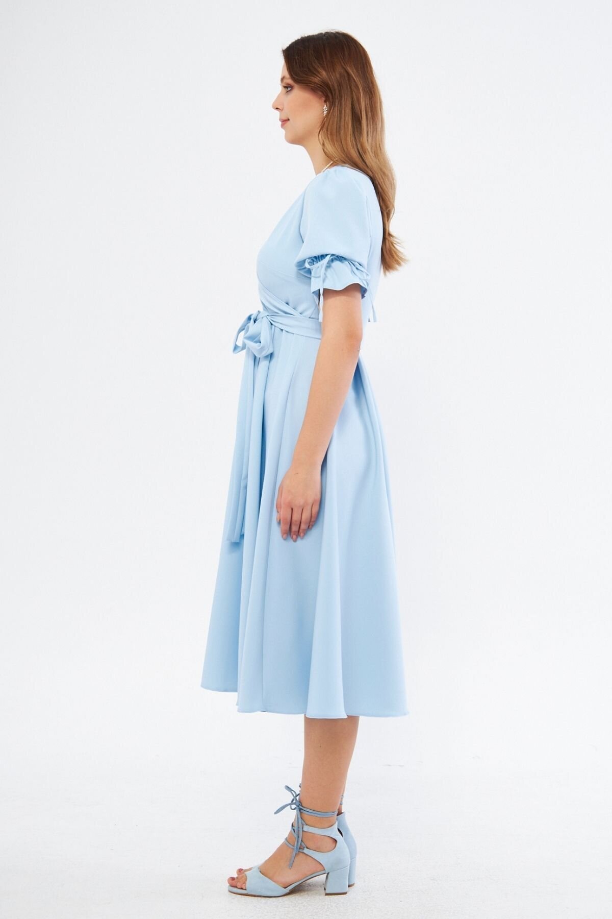 Midi Short-Sleeve Belted Wrap Dress - Baby Blue - Bidoluelbise