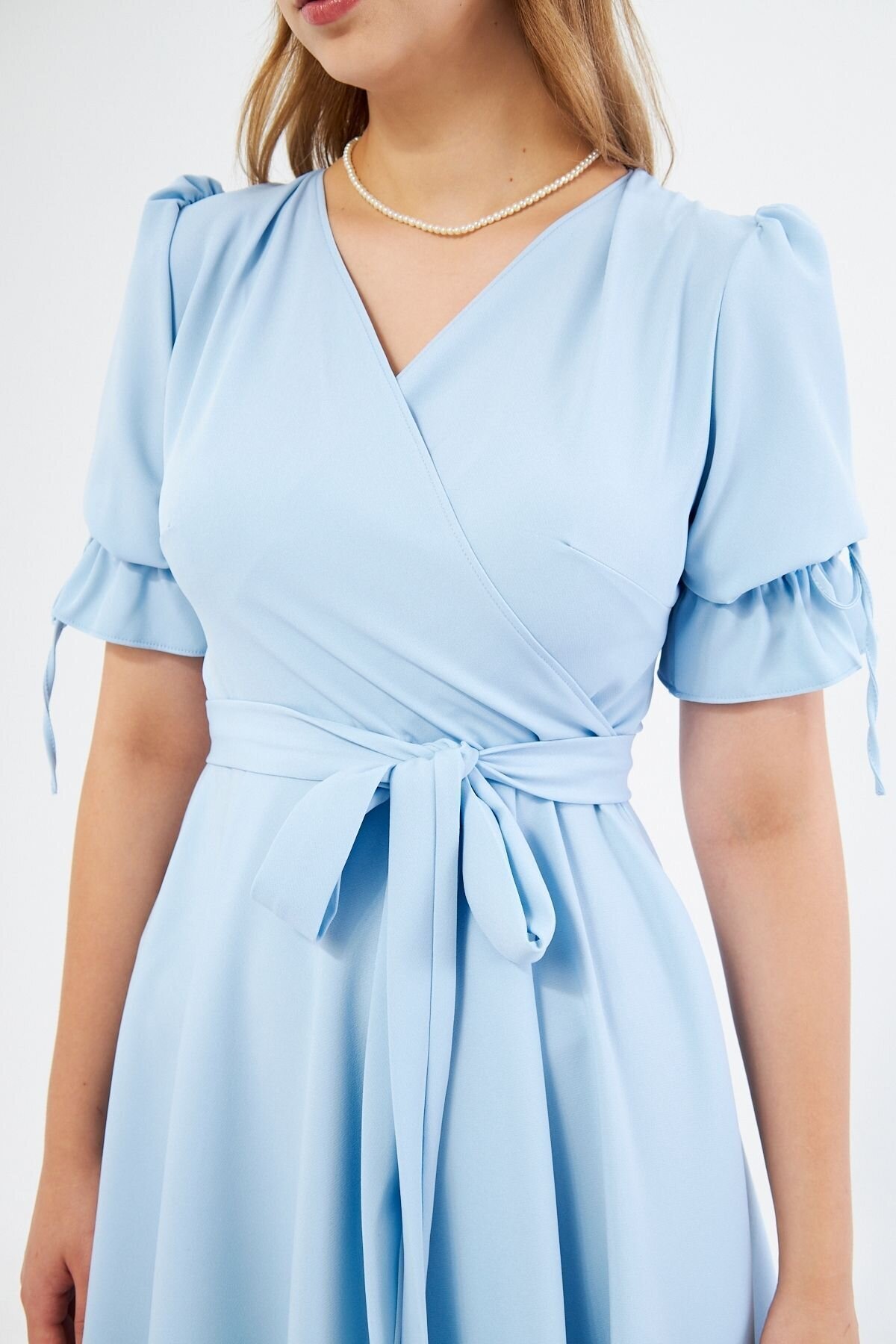 Midi Short-Sleeve Belted Wrap Dress - Baby Blue - Bidoluelbise