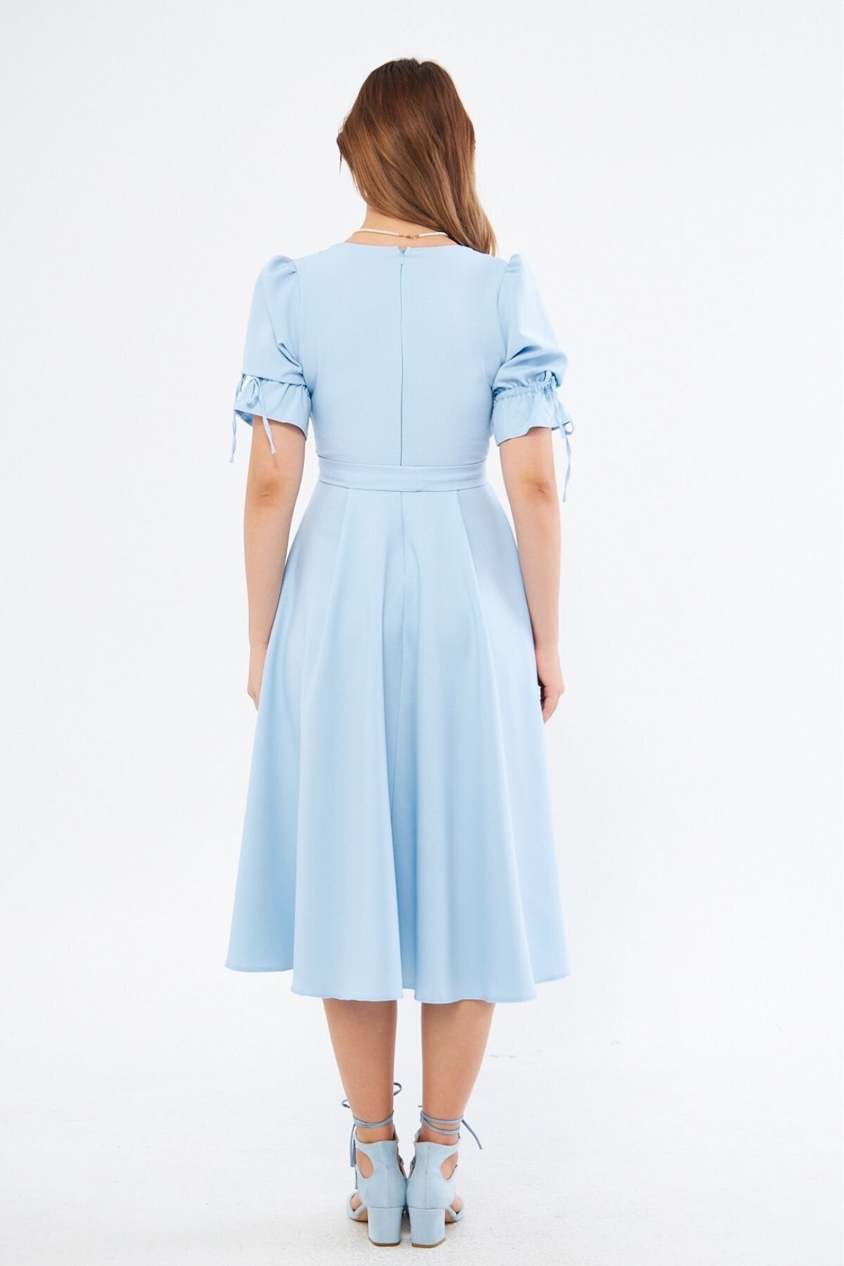 Midi Short-Sleeve Belted Wrap Dress - Baby Blue - Bidoluelbise