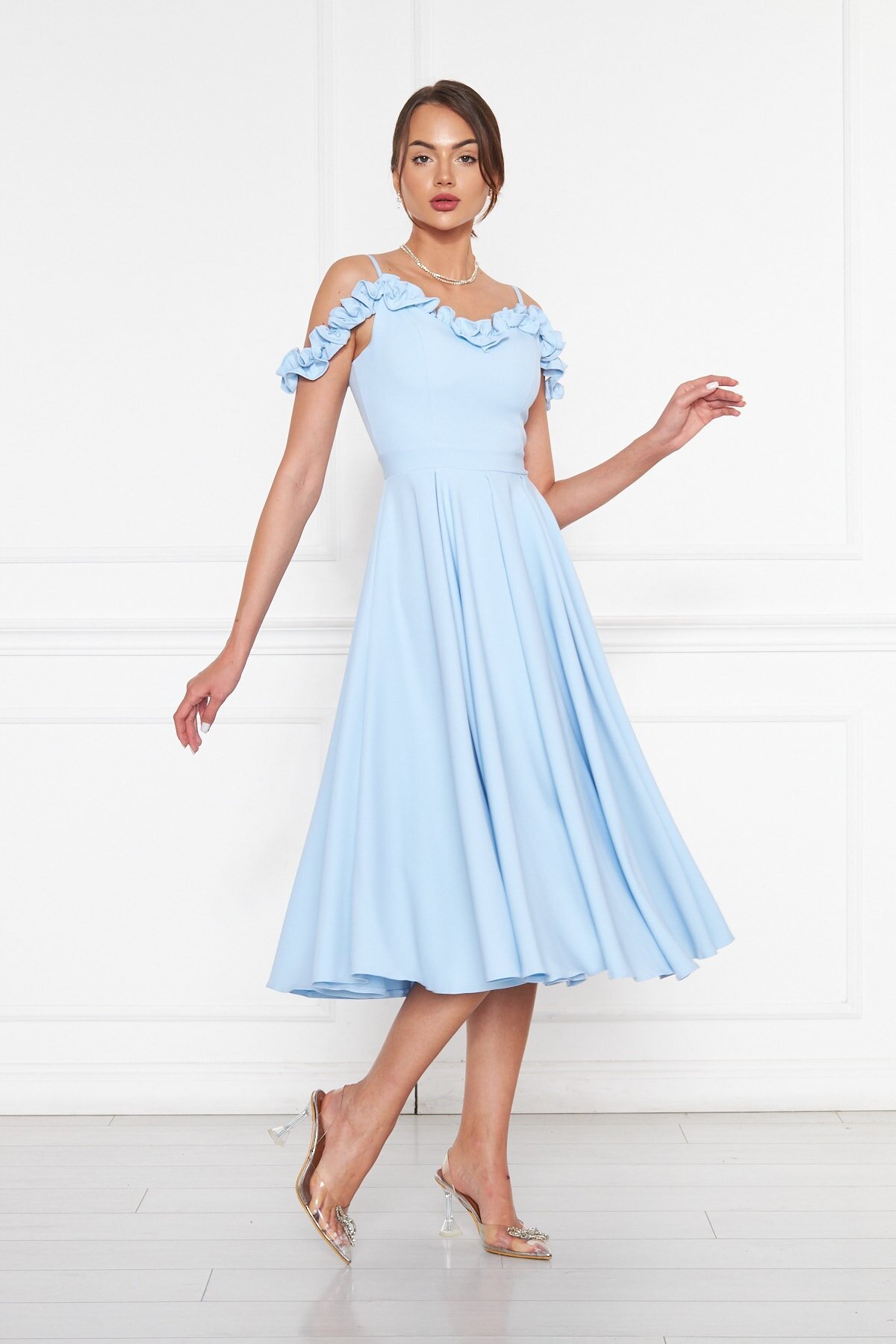 Bebe Mavi Midi Pileli Kloş Fırfır Detay Abiye Elbise - Bidoluelbise