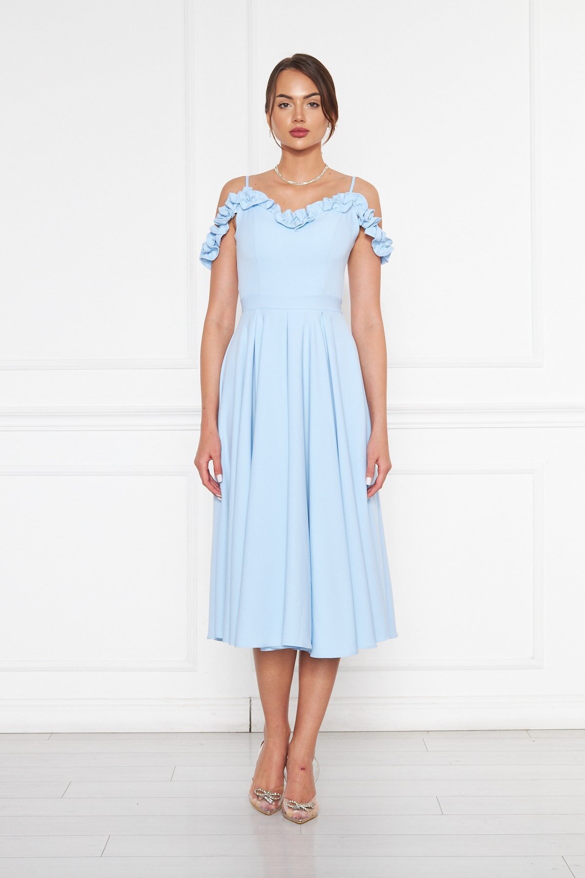 Midi Flared Pleated Ruffle-Detail Evening Dress - Baby Blue - Bidoluelbise